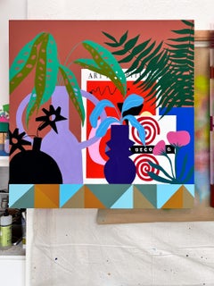 Shelf with Books and Pink Poppies by Finlayson, Gouache/Canvas, Floral, Patterns