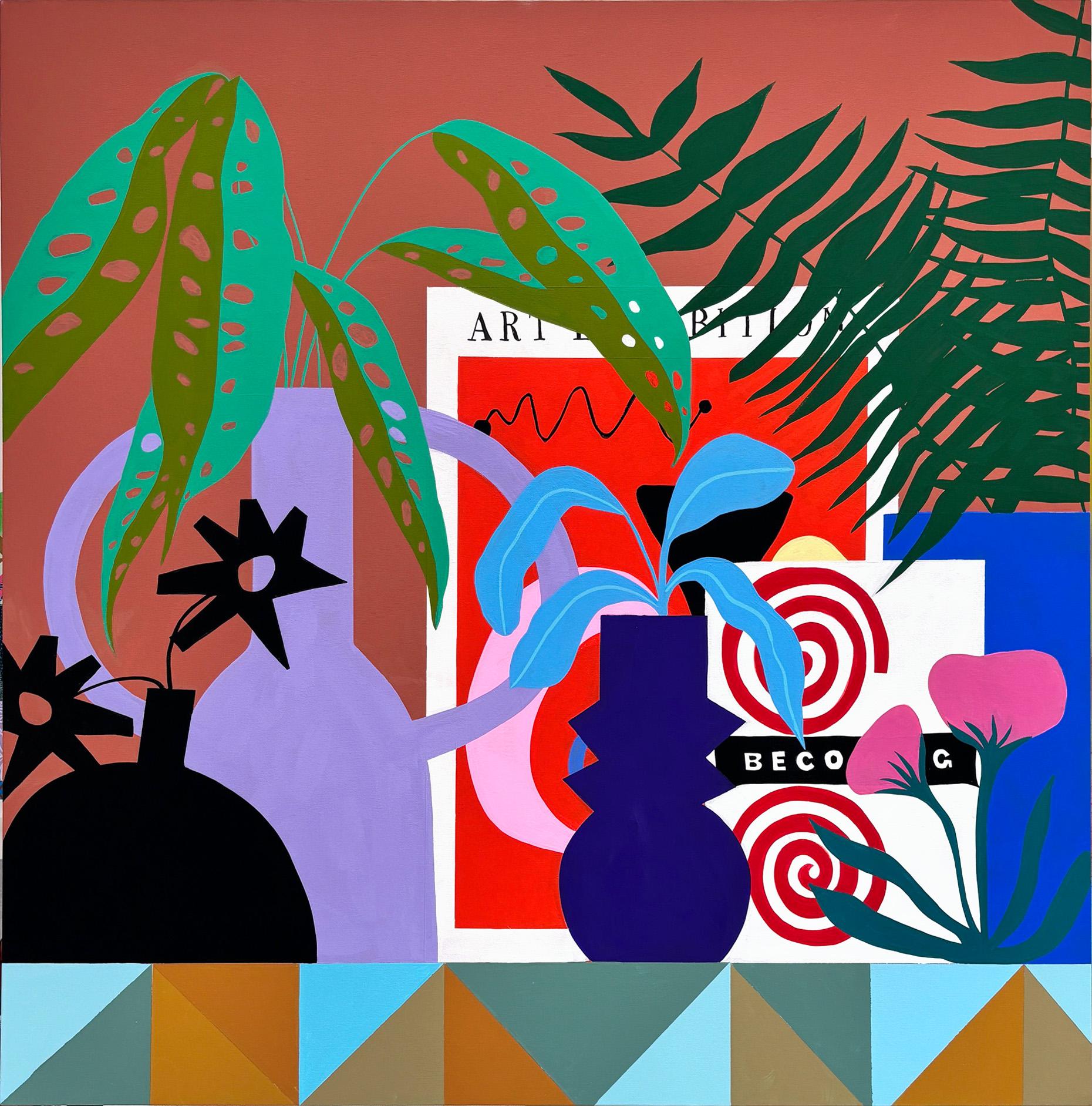 Shelf with Books and Pink Poppies by Finlayson, Gouache/Canvas, Floral, Patterns - Contemporary Painting by Mary Finlayson