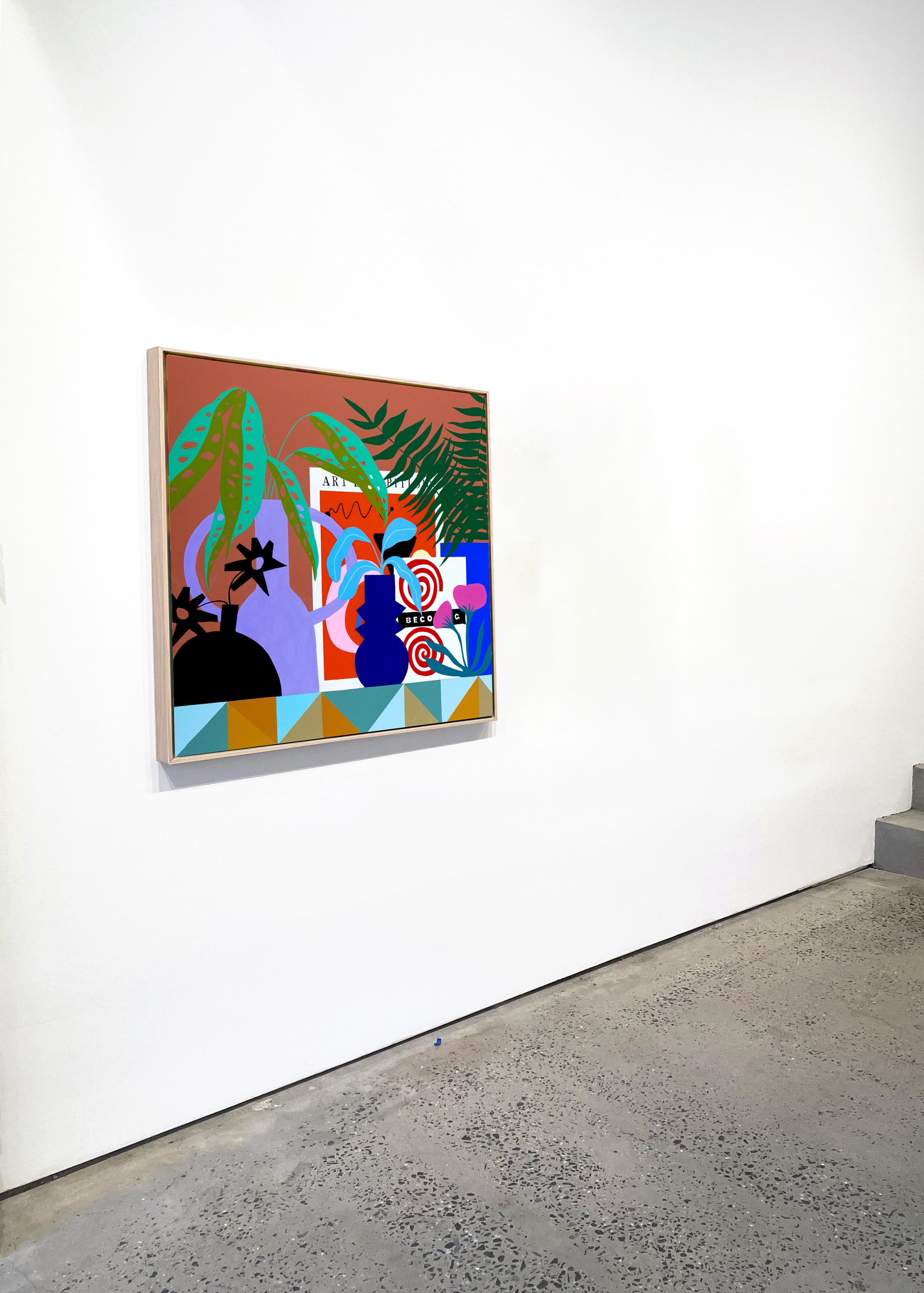 Shelf with Books and Pink Poppies by Finlayson, Gouache/Canvas, Floral, Patterns - Brown Still-Life Painting by Mary Finlayson