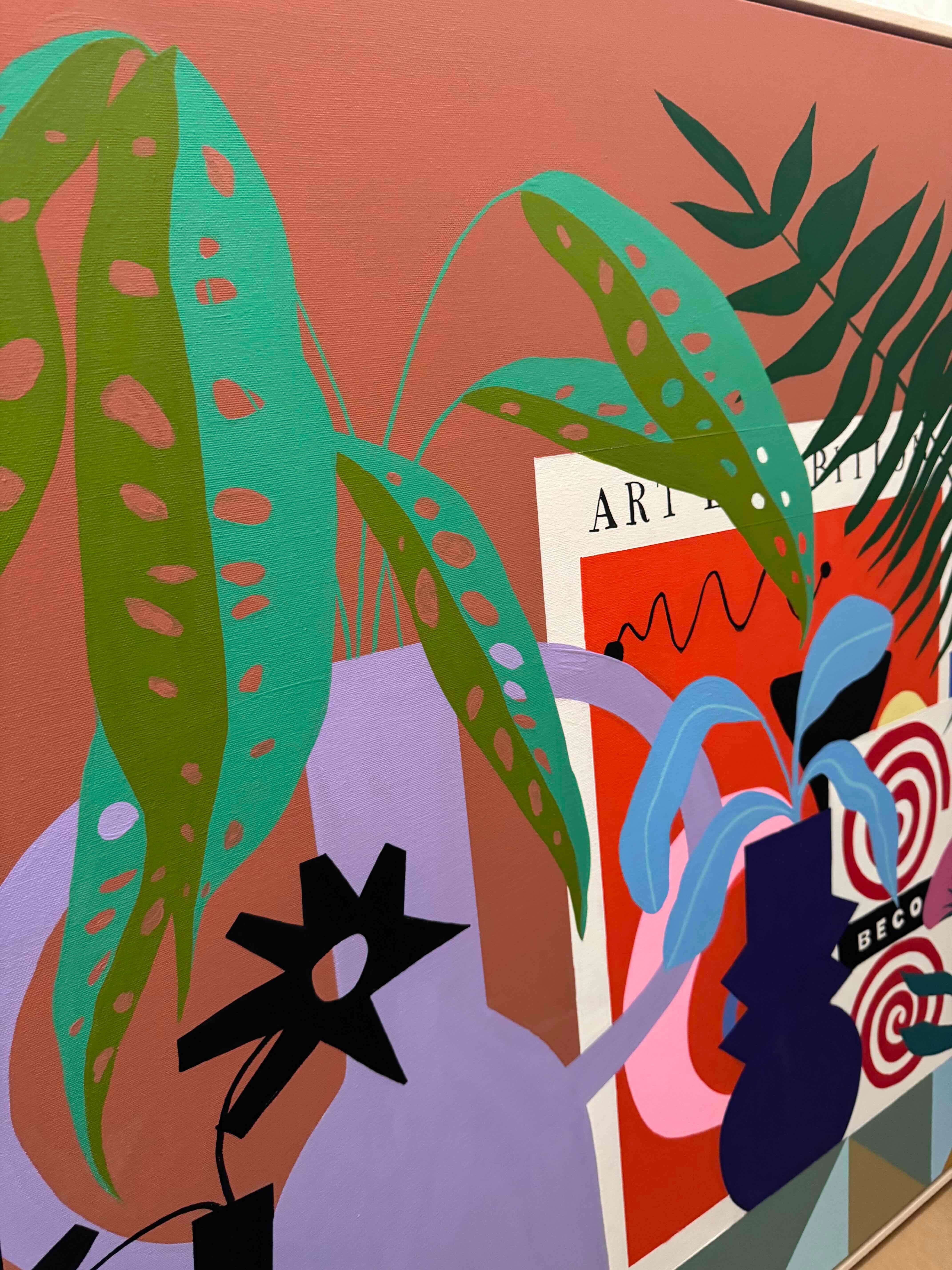 Shelf with Books and Pink Poppies by Finlayson, Gouache/Canvas, Floral, Patterns For Sale 1