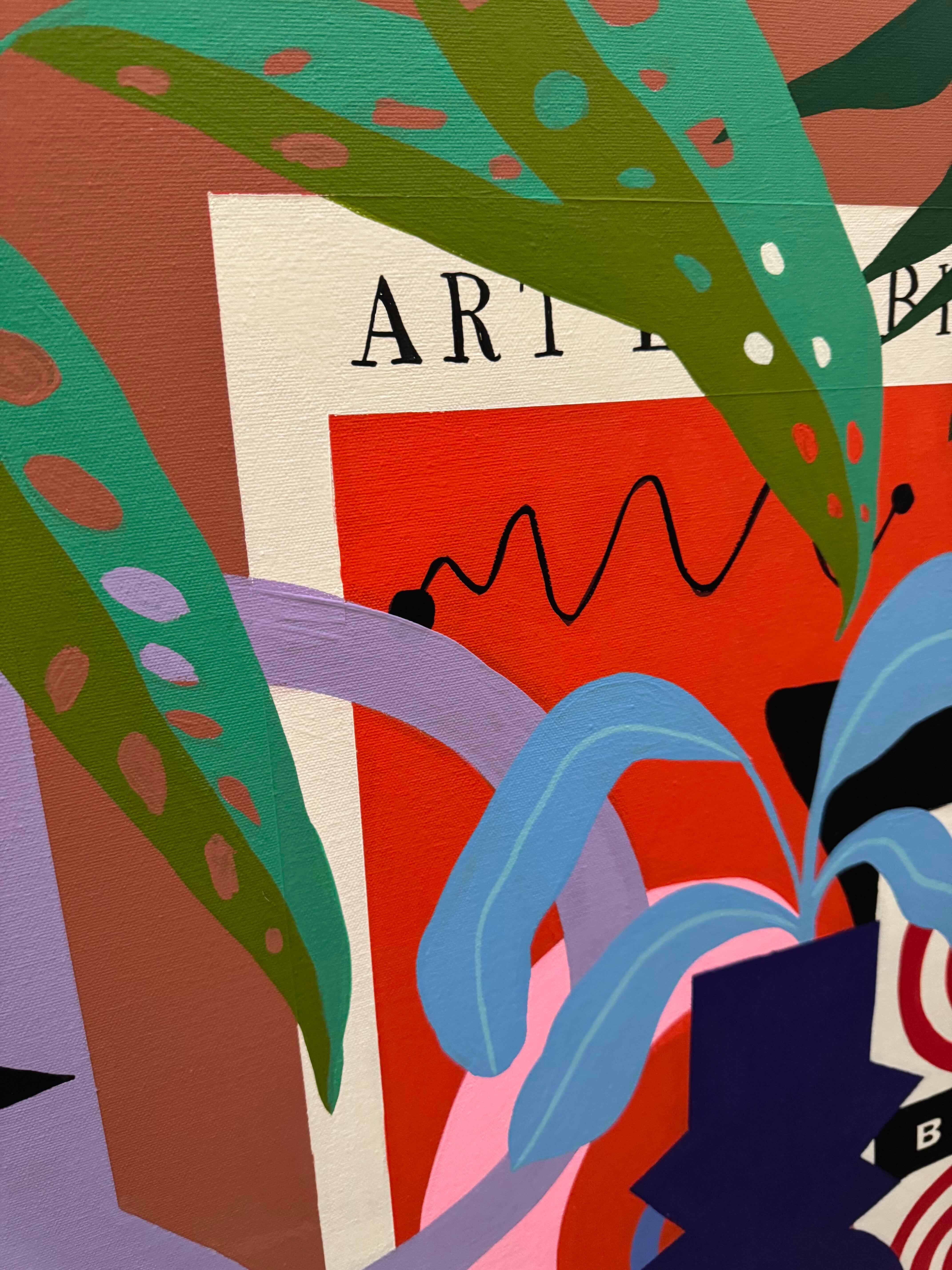 Shelf with Books and Pink Poppies by Finlayson, Gouache/Canvas, Floral, Patterns For Sale 2