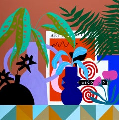 Shelf with Books and Pink Poppies by Finlayson, Gouache/Canvas, Floral, Patterns