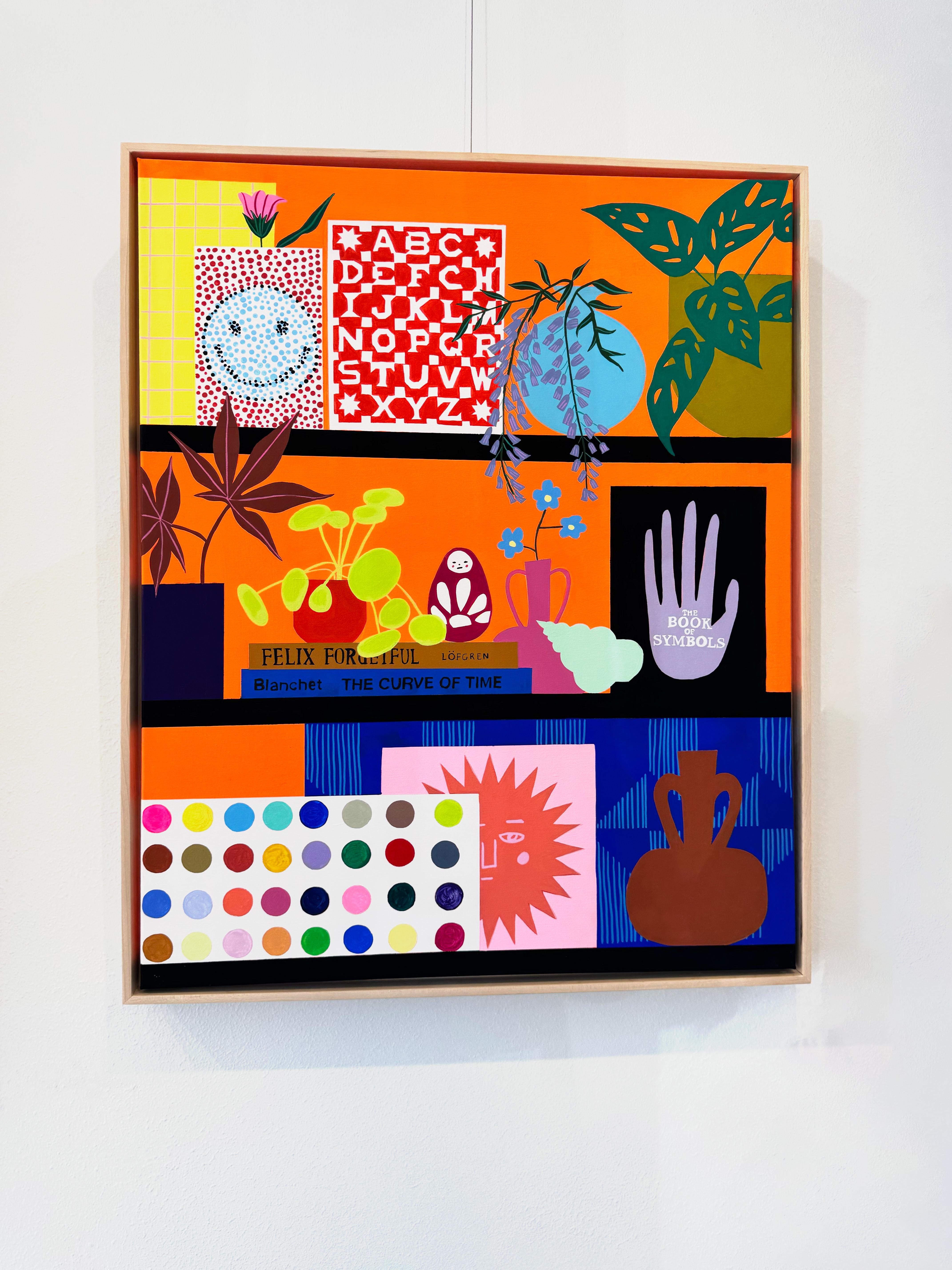 The Curve of Time & Felix Forgetful w/ Japanese Maple & Seashell by Finlayson - Painting by Mary Finlayson