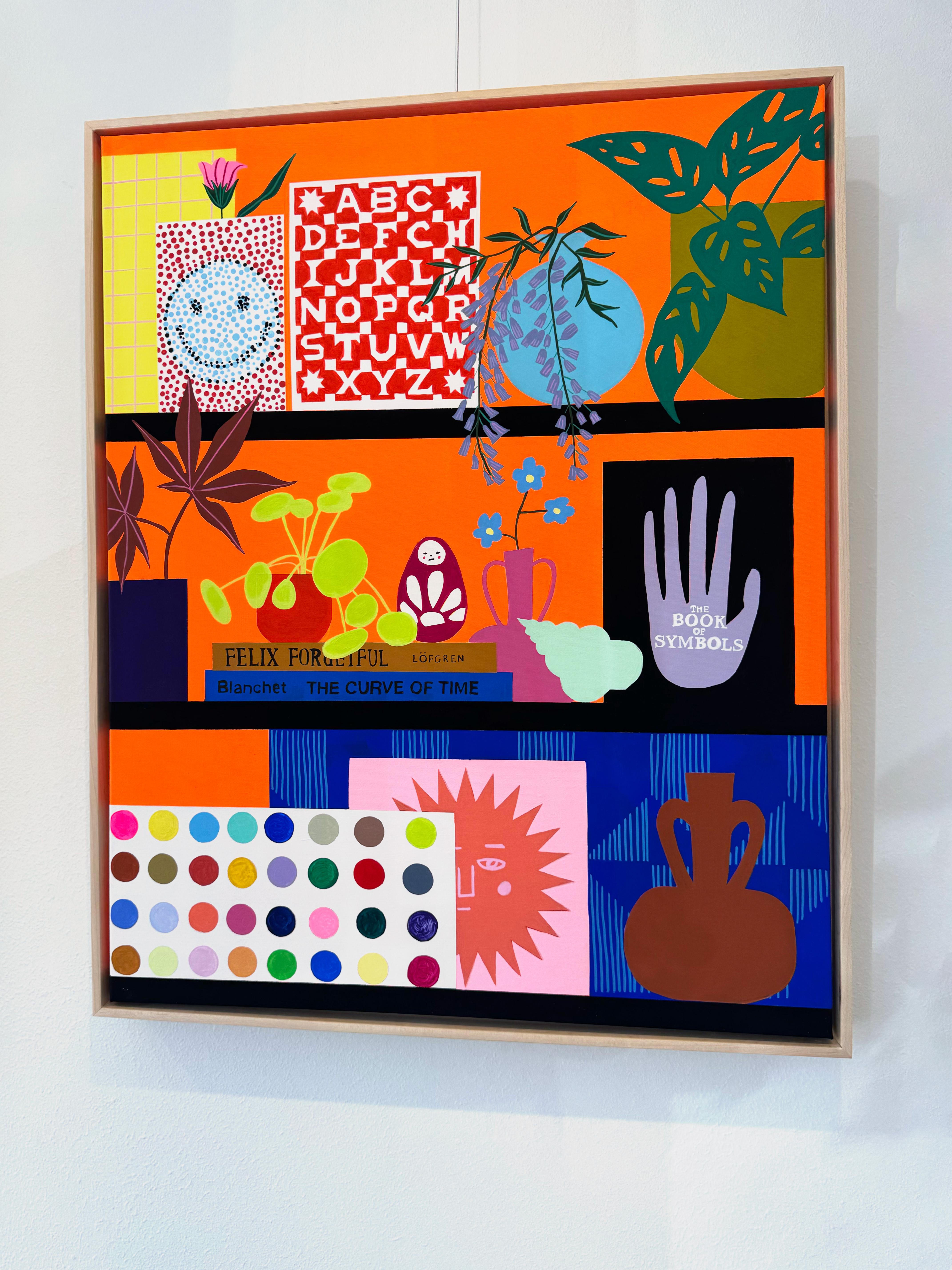 The Curve of Time & Felix Forgetful w/ Japanese Maple & Seashell by Finlayson - Orange Still-Life Painting by Mary Finlayson