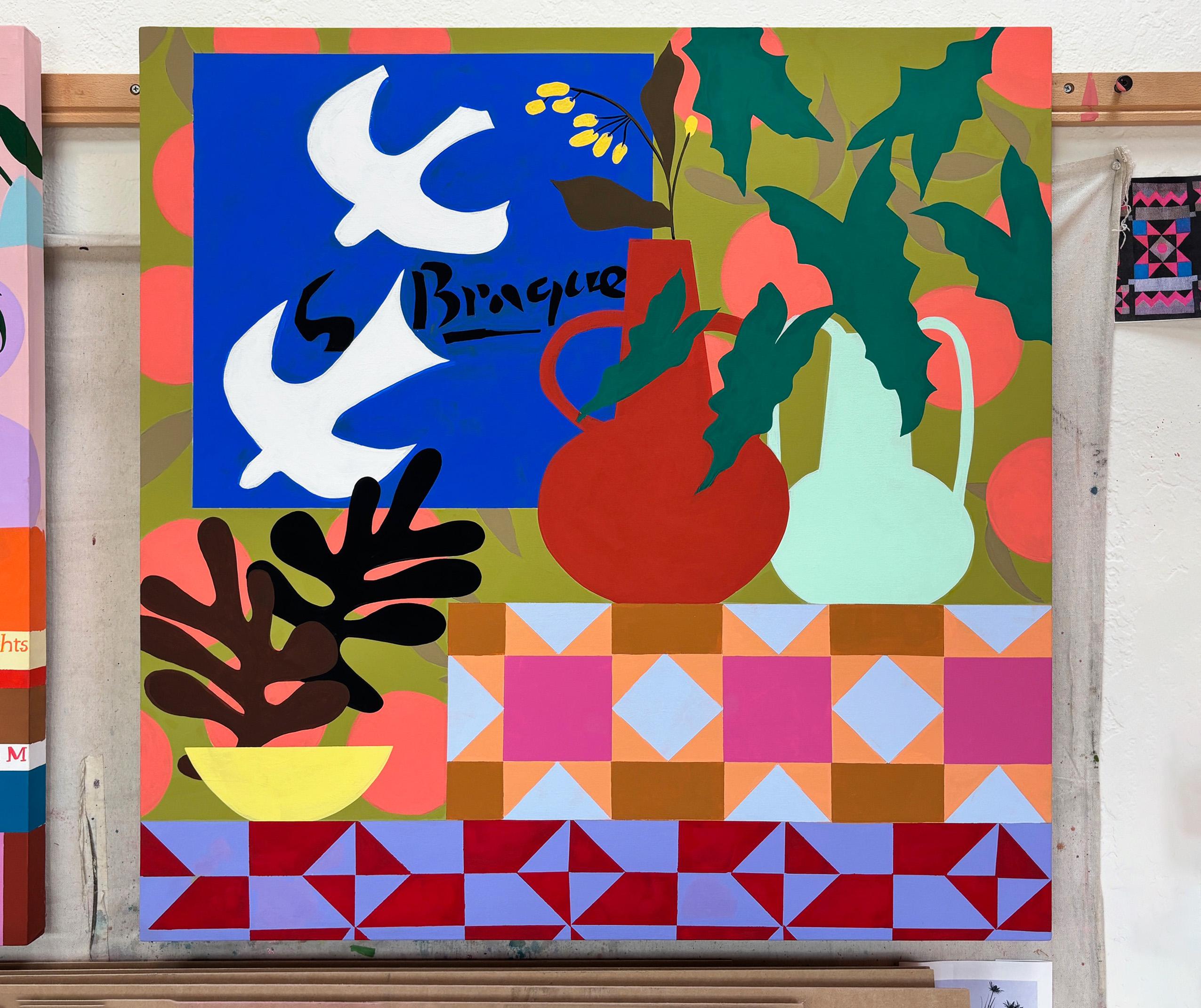 Colombes blanches avec aster jaune par Mary Finlayson, Gouache/Tissu, Floral, Oiseau en vente 1