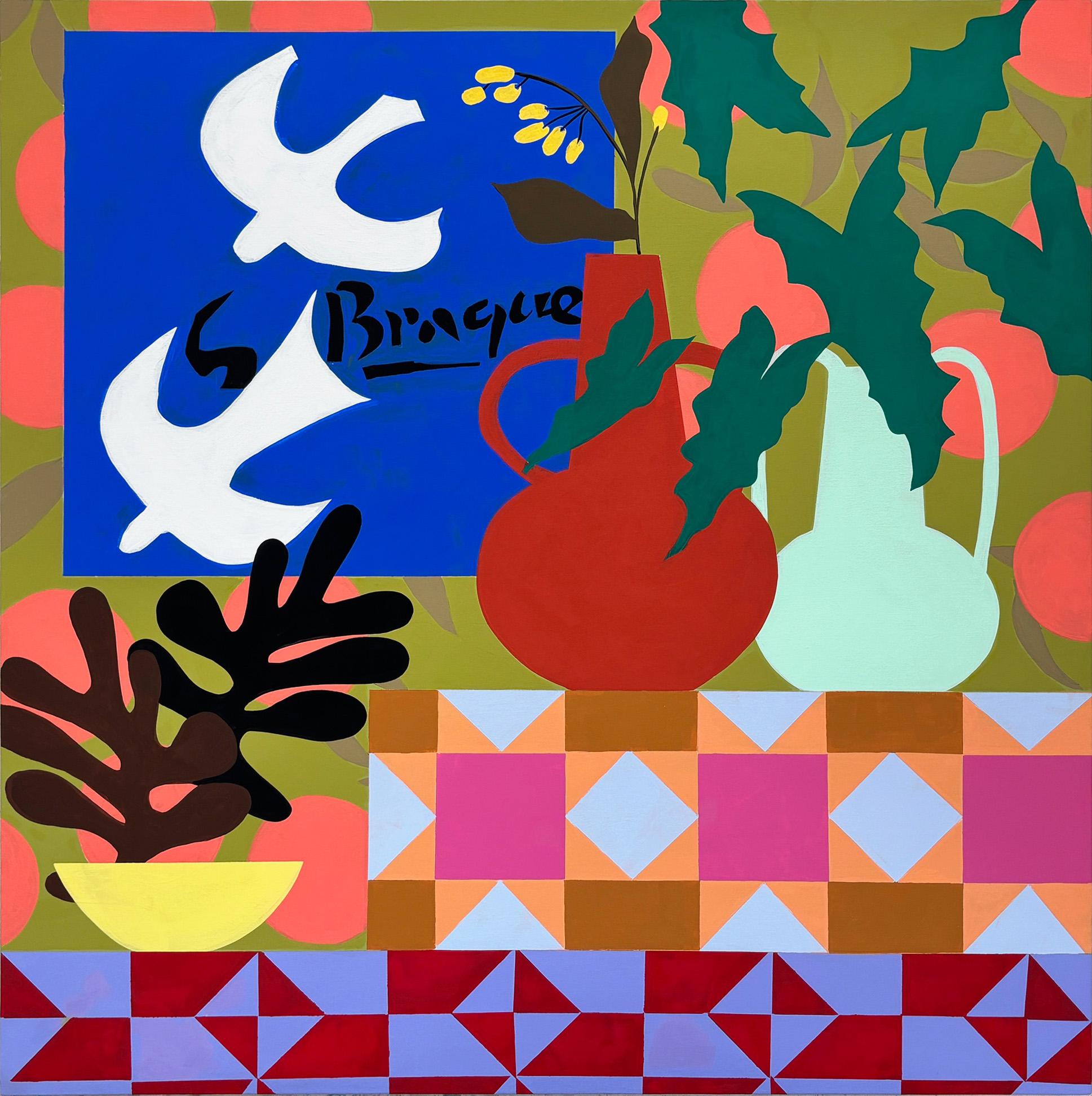 Colombes blanches avec aster jaune par Mary Finlayson, Gouache/Tissu, Floral, Oiseau en vente 2