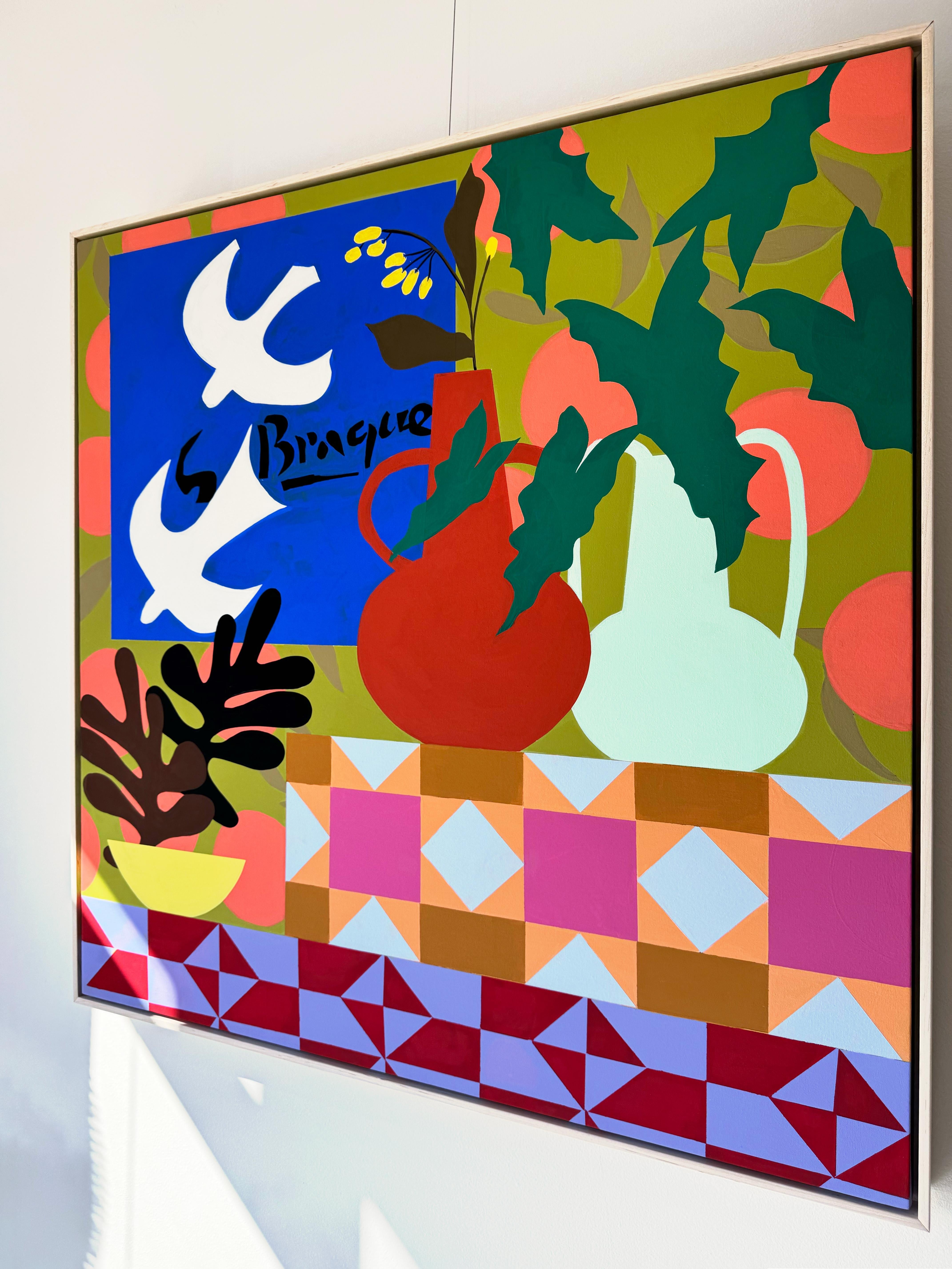 Colombes blanches avec aster jaune par Mary Finlayson, Gouache/Tissu, Floral, Oiseau en vente 3