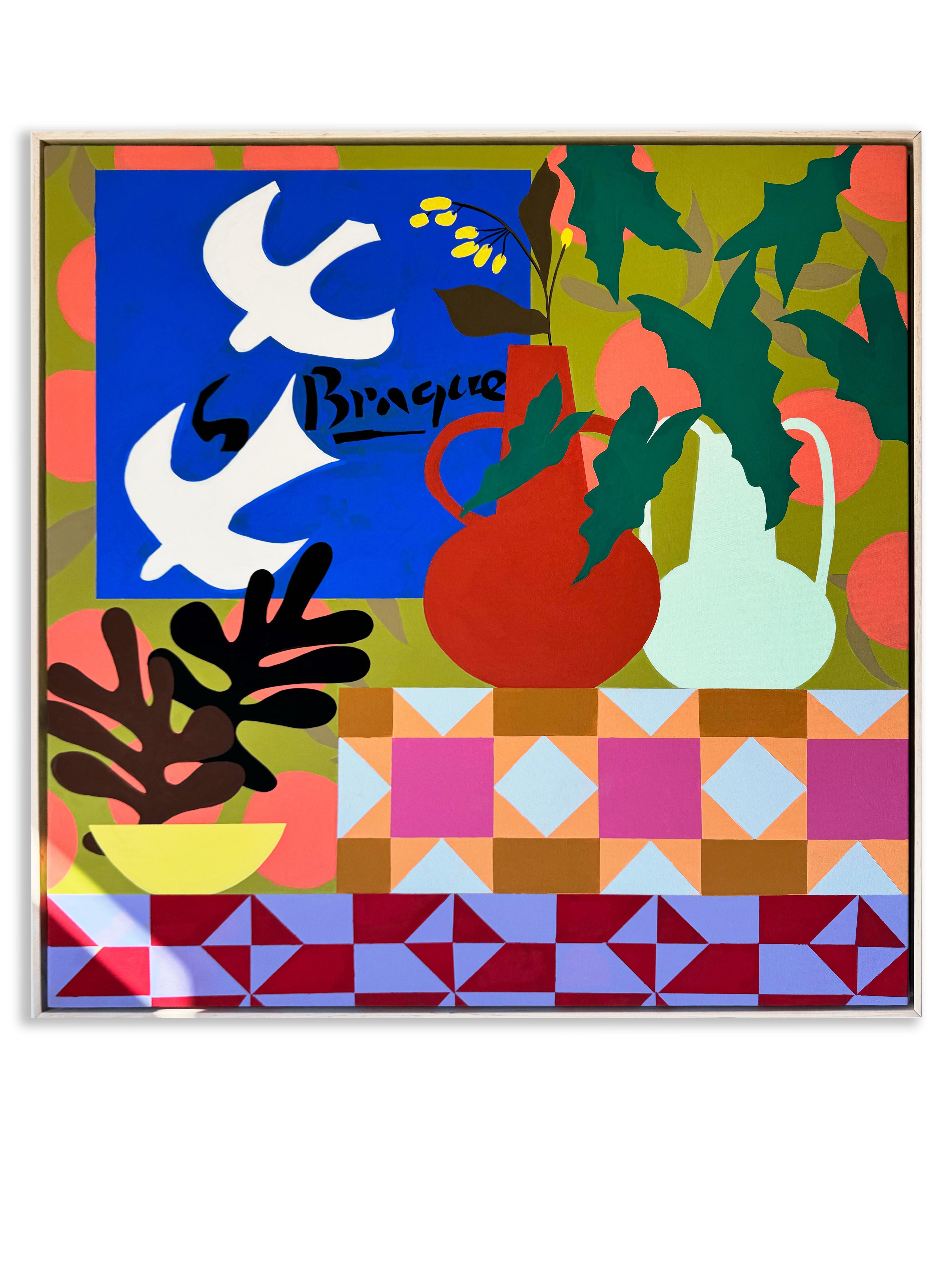 Colombes blanches avec aster jaune par Mary Finlayson, Gouache/Tissu, Floral, Oiseau en vente 5