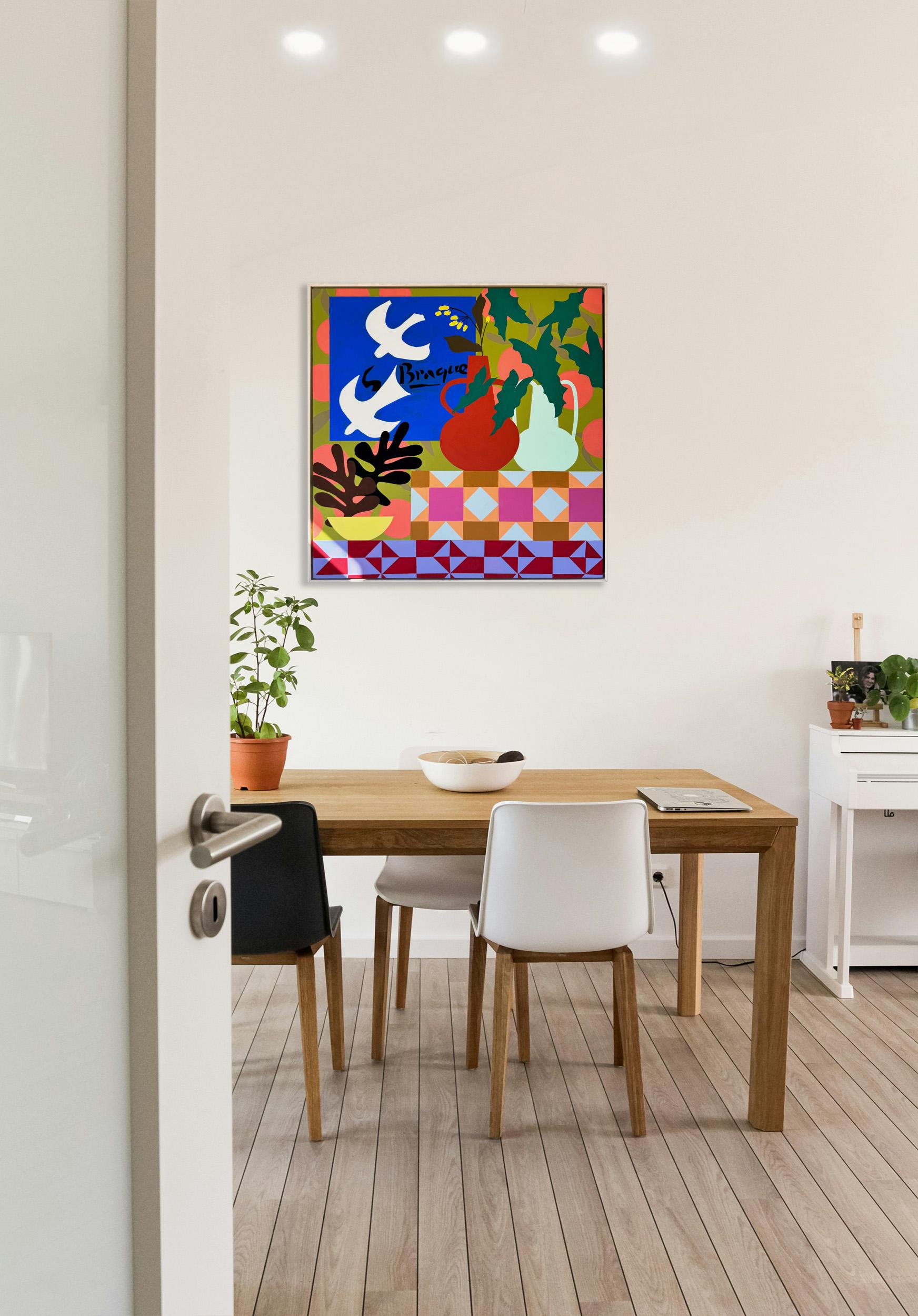 Colombes blanches avec aster jaune par Mary Finlayson, Gouache/Tissu, Floral, Oiseau en vente 6