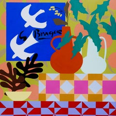 White Doves with Yellow Aster by Mary Finlayson, Gouache/Canvas, Floral, Bird