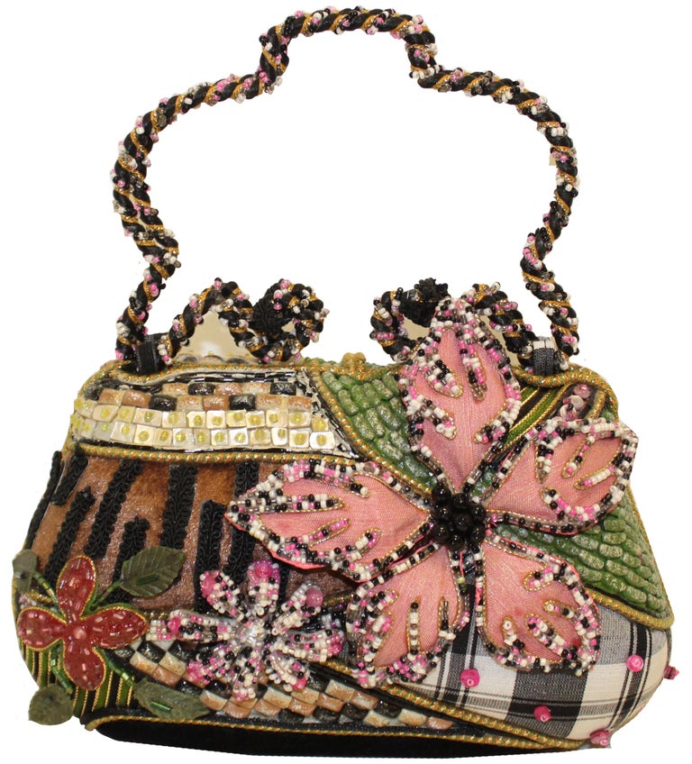 Mary Frances Plaid Floral Beaded Two Top Handles Handbag at 1stDibs