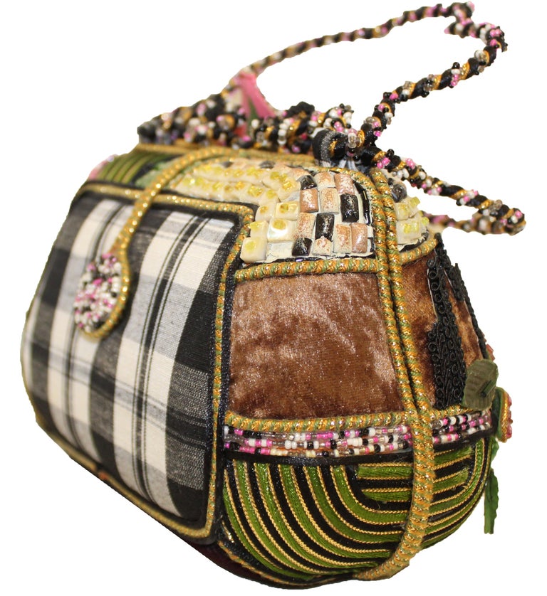 Mary Frances Plaid Floral Beaded Two Top Handles Handbag at 1stDibs