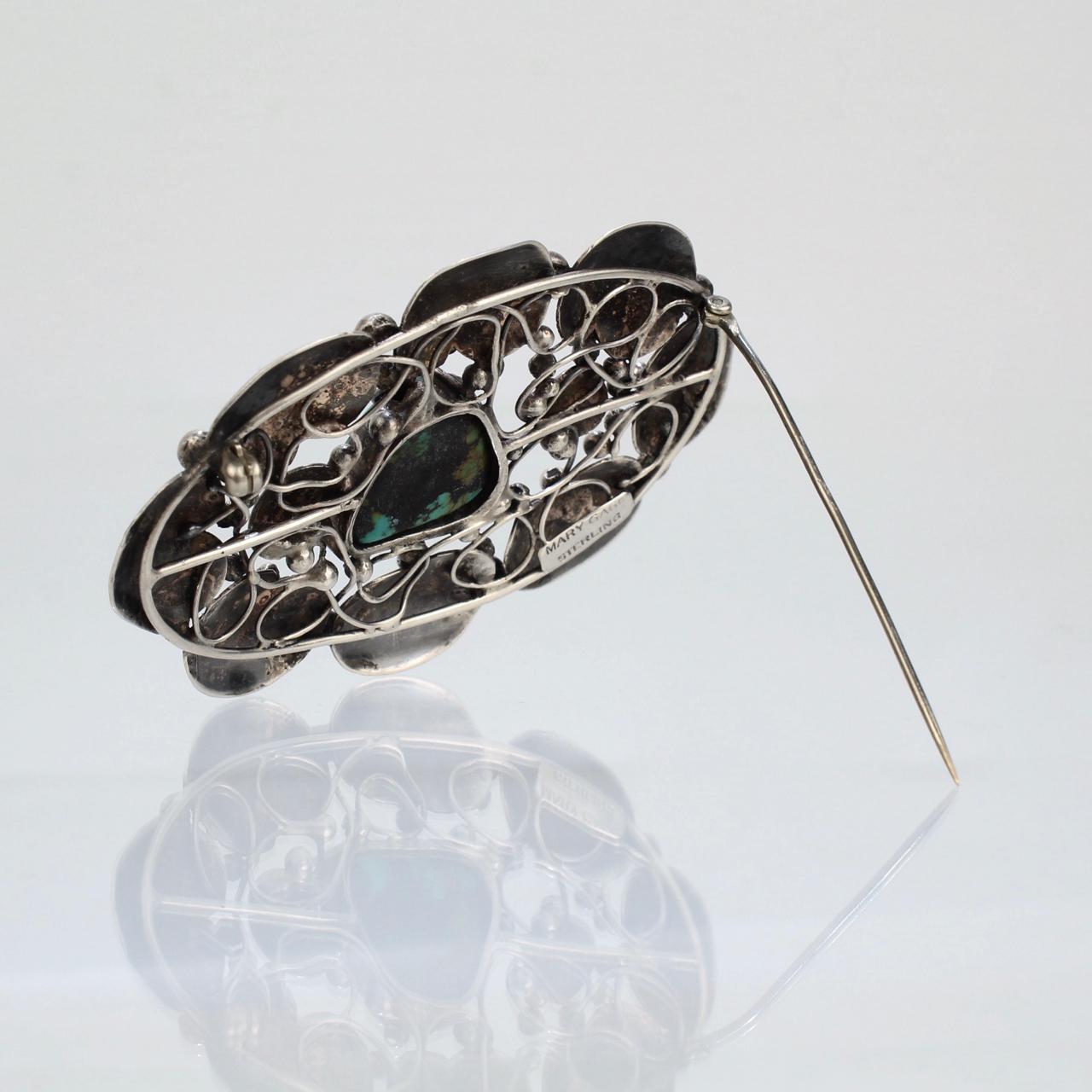Arts and Crafts Mary Gage American Arts & Crafts Sterling Silver & Turquoise Lily Pad Brooch Pin