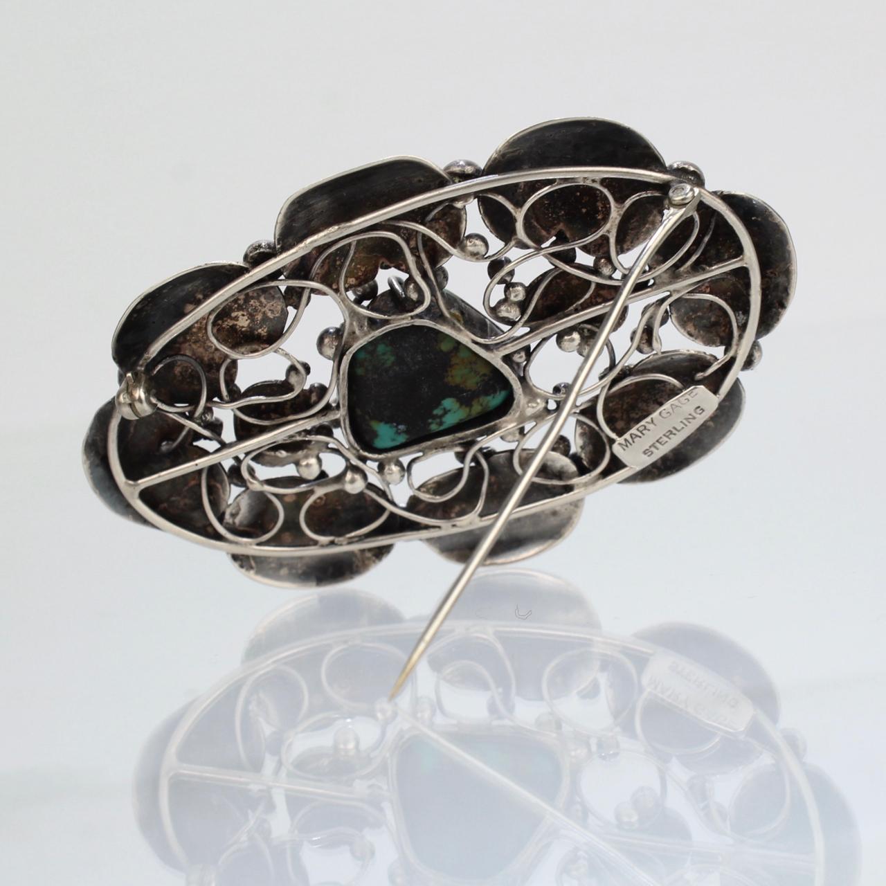 Mary Gage American Arts & Crafts Sterling Silver & Turquoise Lily Pad Brooch Pin In Good Condition In Philadelphia, PA
