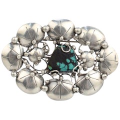 Mary Gage American Arts & Crafts Sterling Silver & Turquoise Lily Pad Brooch Pin