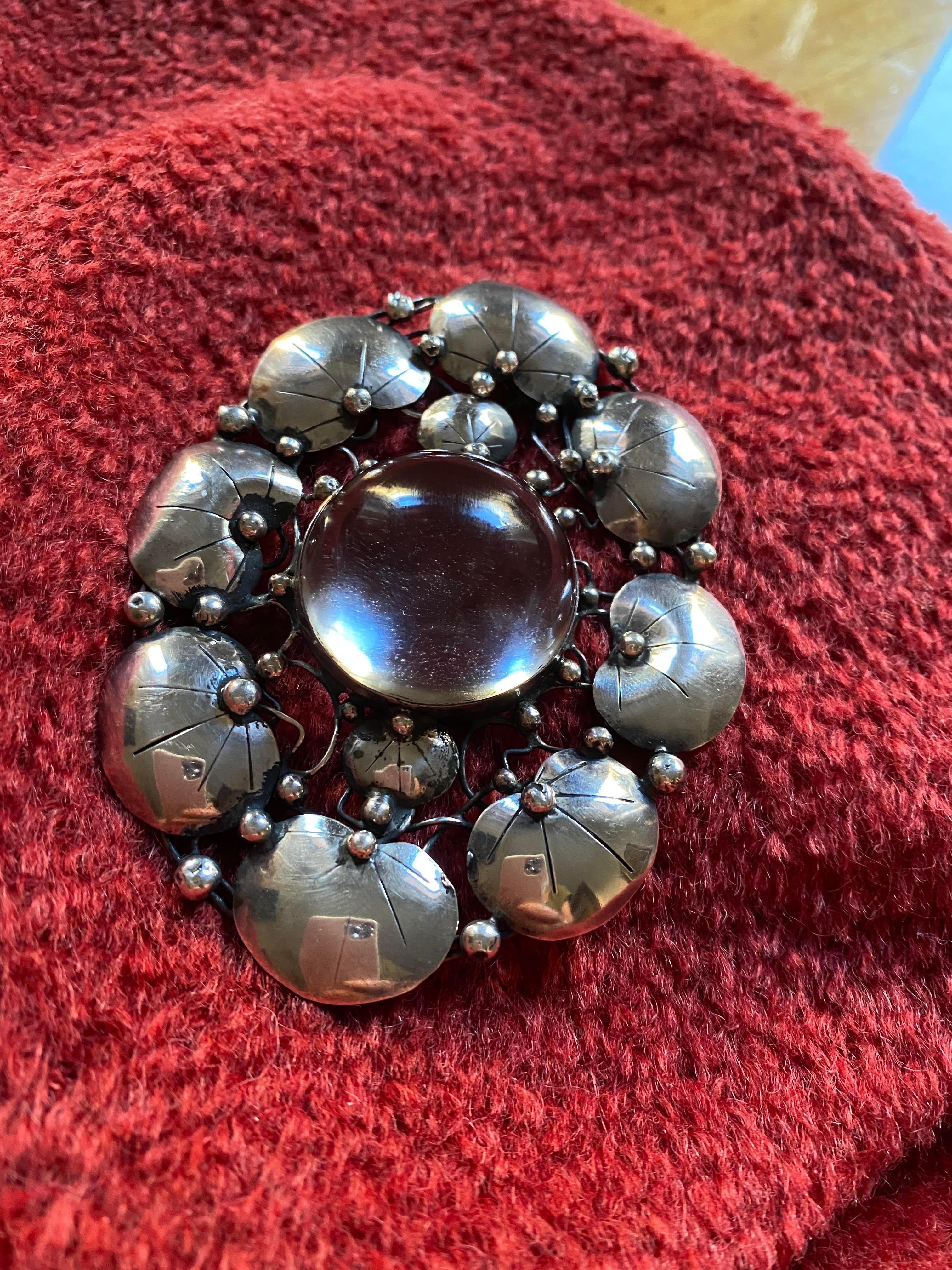 Mary Gage Sterling Silver Brooch with Rock Crystal Cabochon In Good Condition For Sale In Big Bend, WI