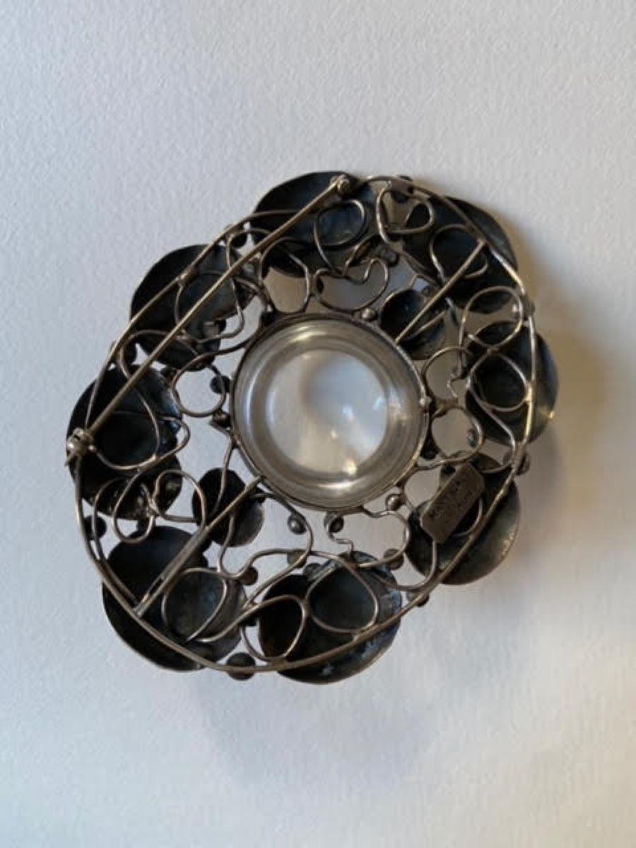 Mary Gage Sterling Silver Brooch with Rock Crystal Cabochon For Sale 1