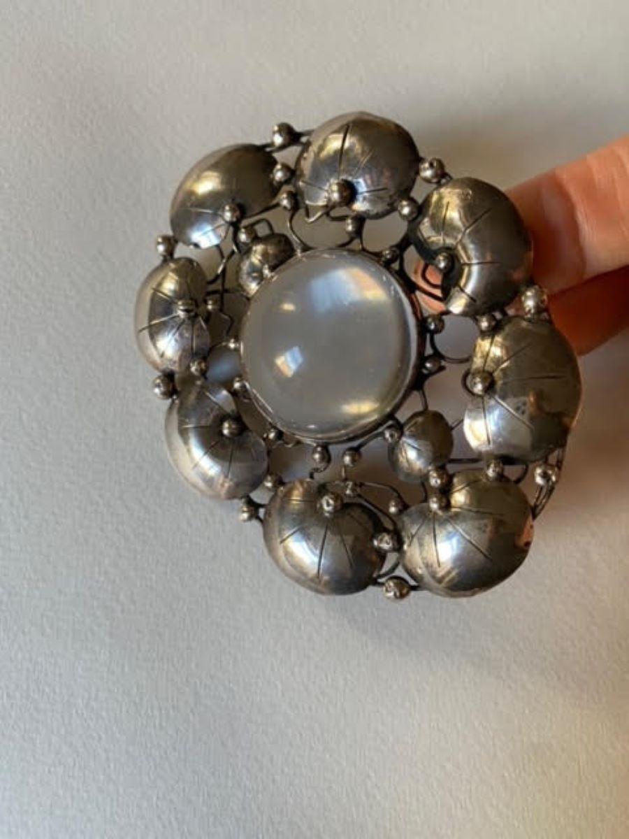 Mary Gage Sterling Silver Brooch with Rock Crystal Cabochon For Sale 3