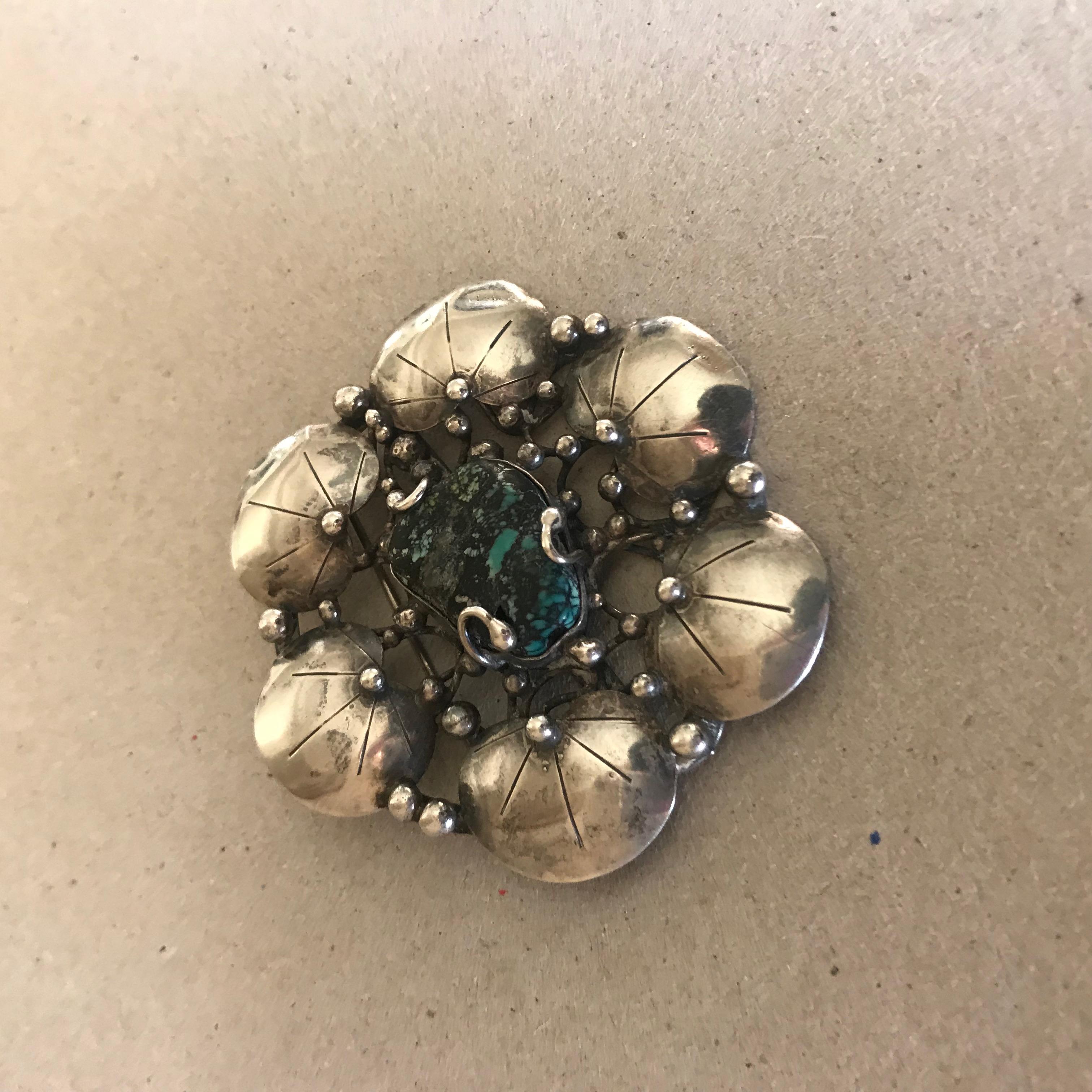 Artisan Mary Gage Sterling Silver Brooch with Turquoise For Sale