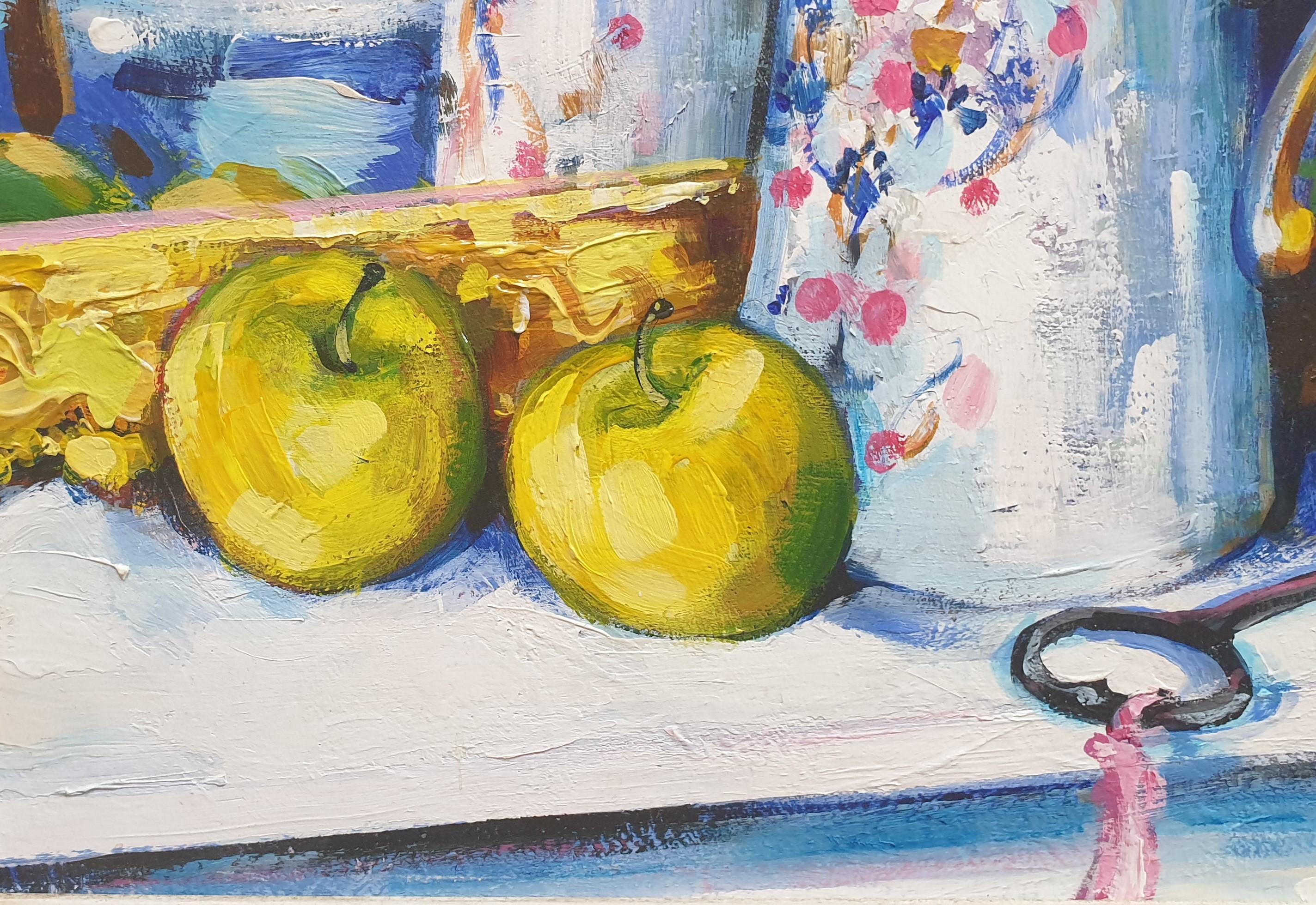 Roses and Apples - Post-Impressionist Painting by Mary Gallagher