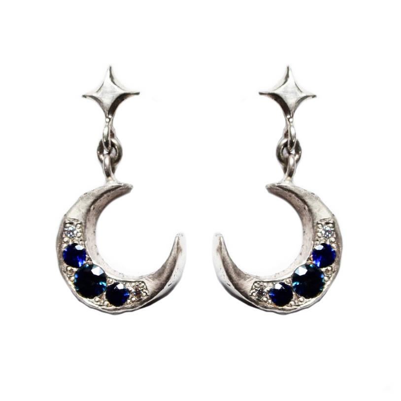 Artisan Mary Gallagher 14k Yellow Gold Crescent Earrings with Sapphires and Diamonds For Sale
