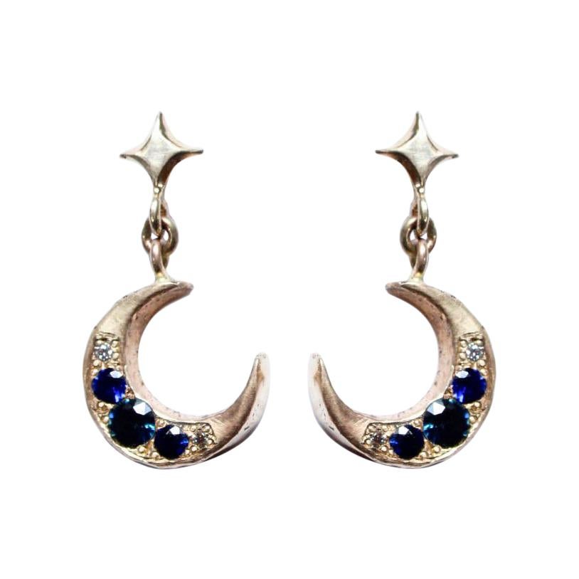 Mary Gallagher 14k Yellow Gold Crescent Earrings with Sapphires and Diamonds For Sale