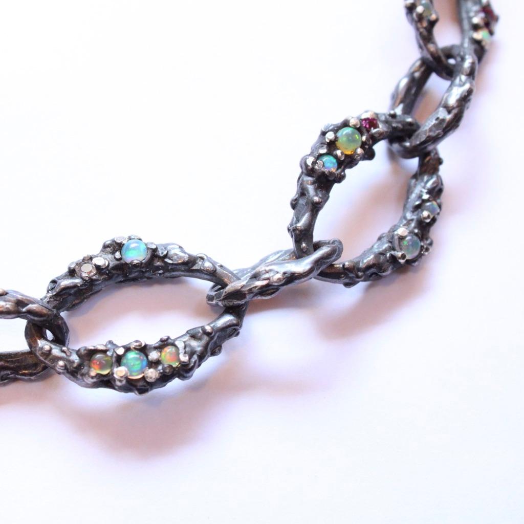 Artisan Mary Gallagher Sterling Silver Opal and Garnet Set Chain For Sale