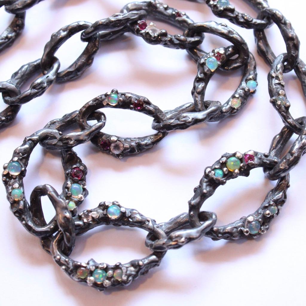 Brilliant Cut Mary Gallagher Sterling Silver Opal and Garnet Set Chain For Sale