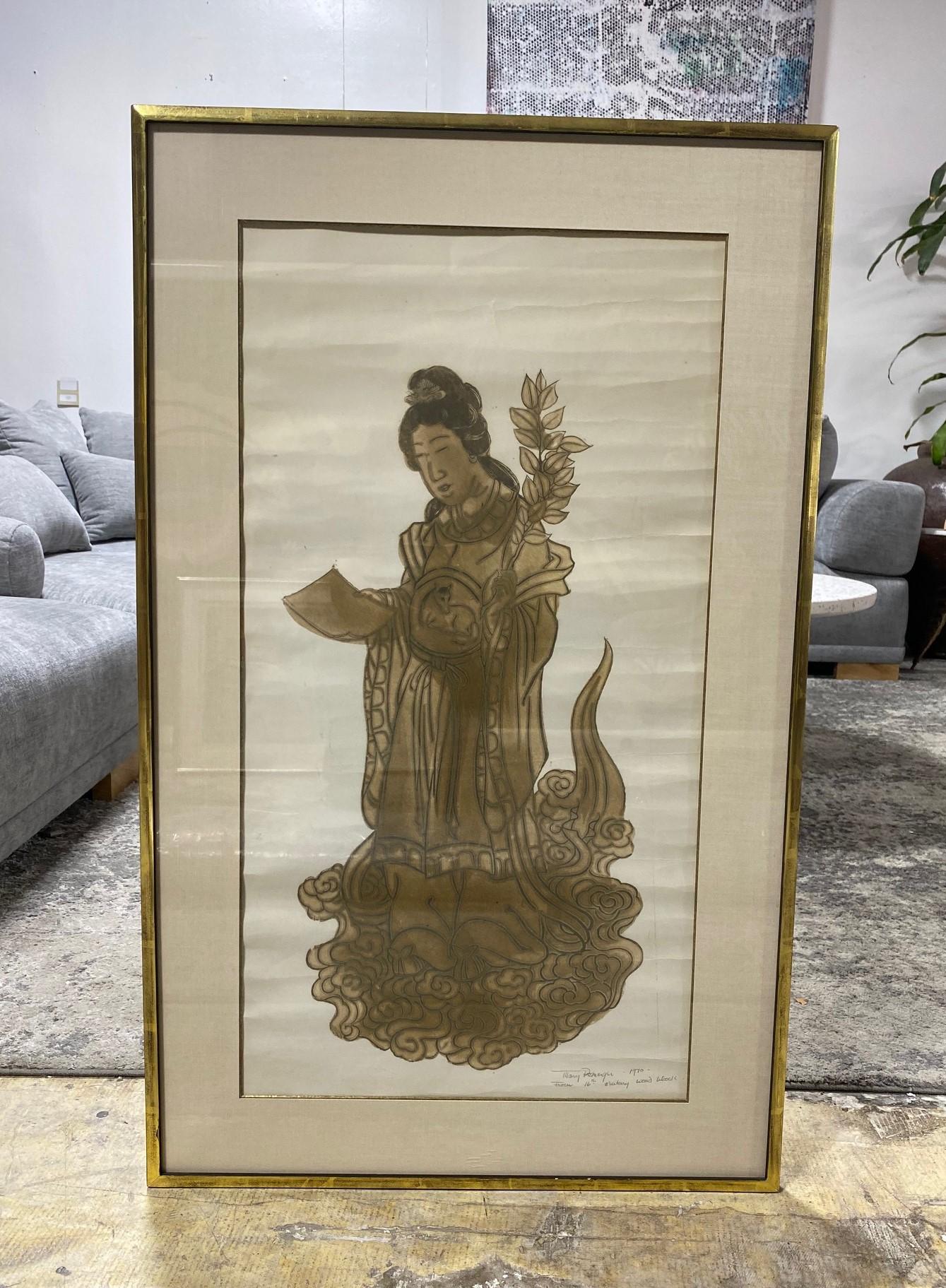 A quite beautiful and very rare print by American artist Mary Gardner Preminger (who at one time was married to renowned theatre and film director Otto Preminger). 

This work is based on a 16th century Asian woodblock (as noted in the lower