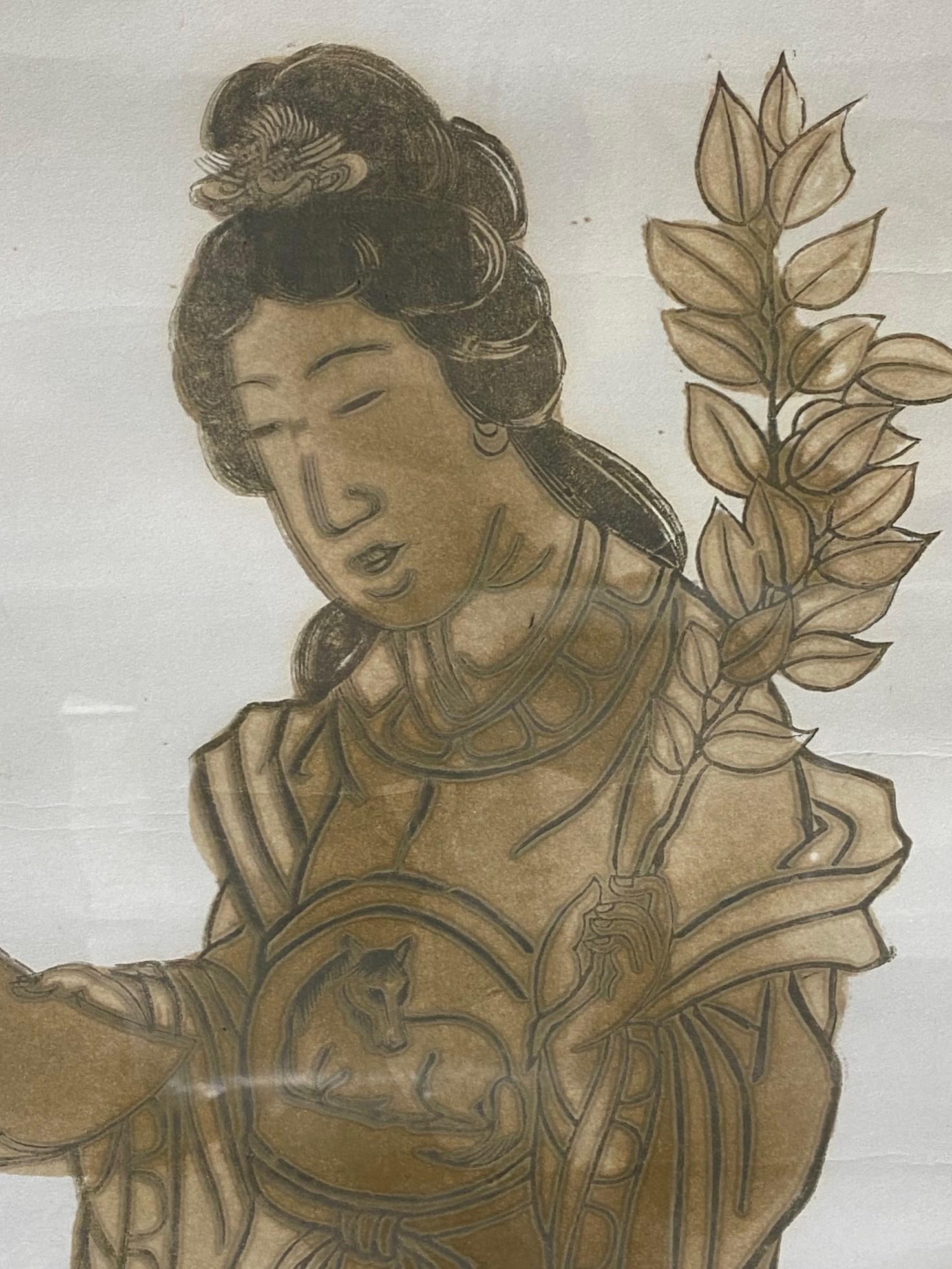 Mid-Century Modern Mary Gardner Preminger Signed Print from 16th Century Buddhist Buddha Woodblock For Sale