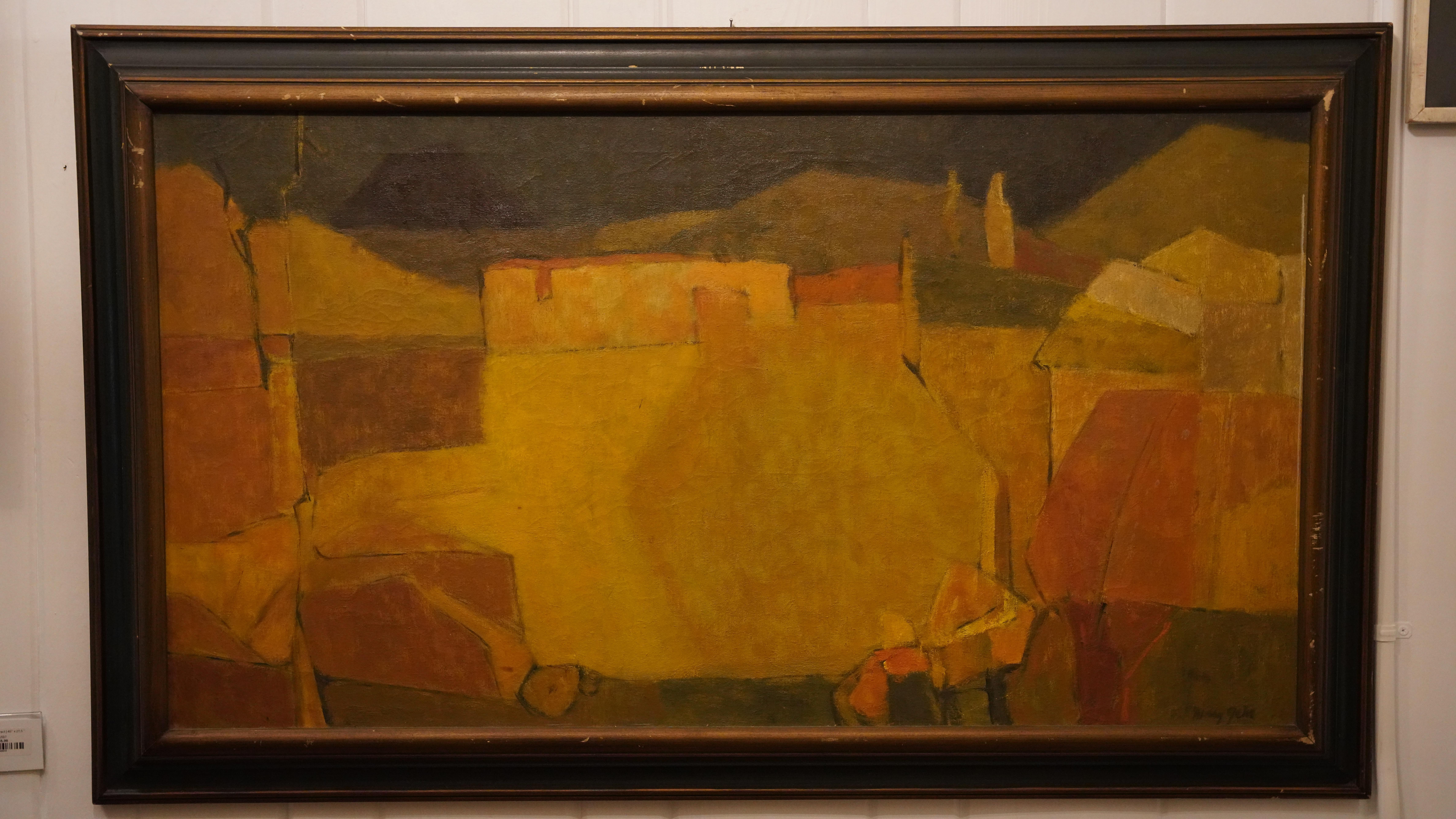 Dieses Gemälde von Mary Gehr (1910-1997) ist eine abstrahierte Landschaft, wahrscheinlich aus der Mitte des 20. Jahrhunderts (1950er-1960er Jahre). 

Die Komposition wird von erdigen Ocker-, Gelb- und gedämpften Brauntönen dominiert, wobei