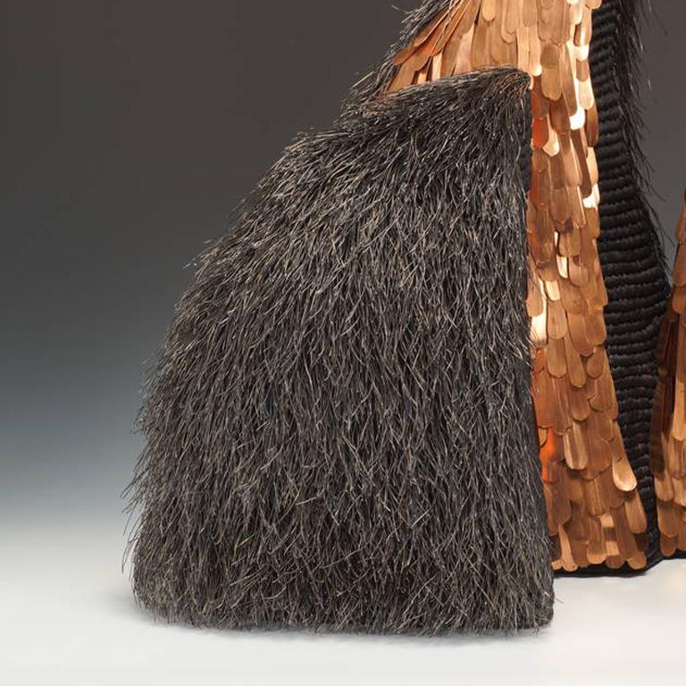 Contemporary Mixed Media Sculpture, Waxed Linen, Hammered Copper, Fine Iron Wire - Black Abstract Sculpture by Mary Giles