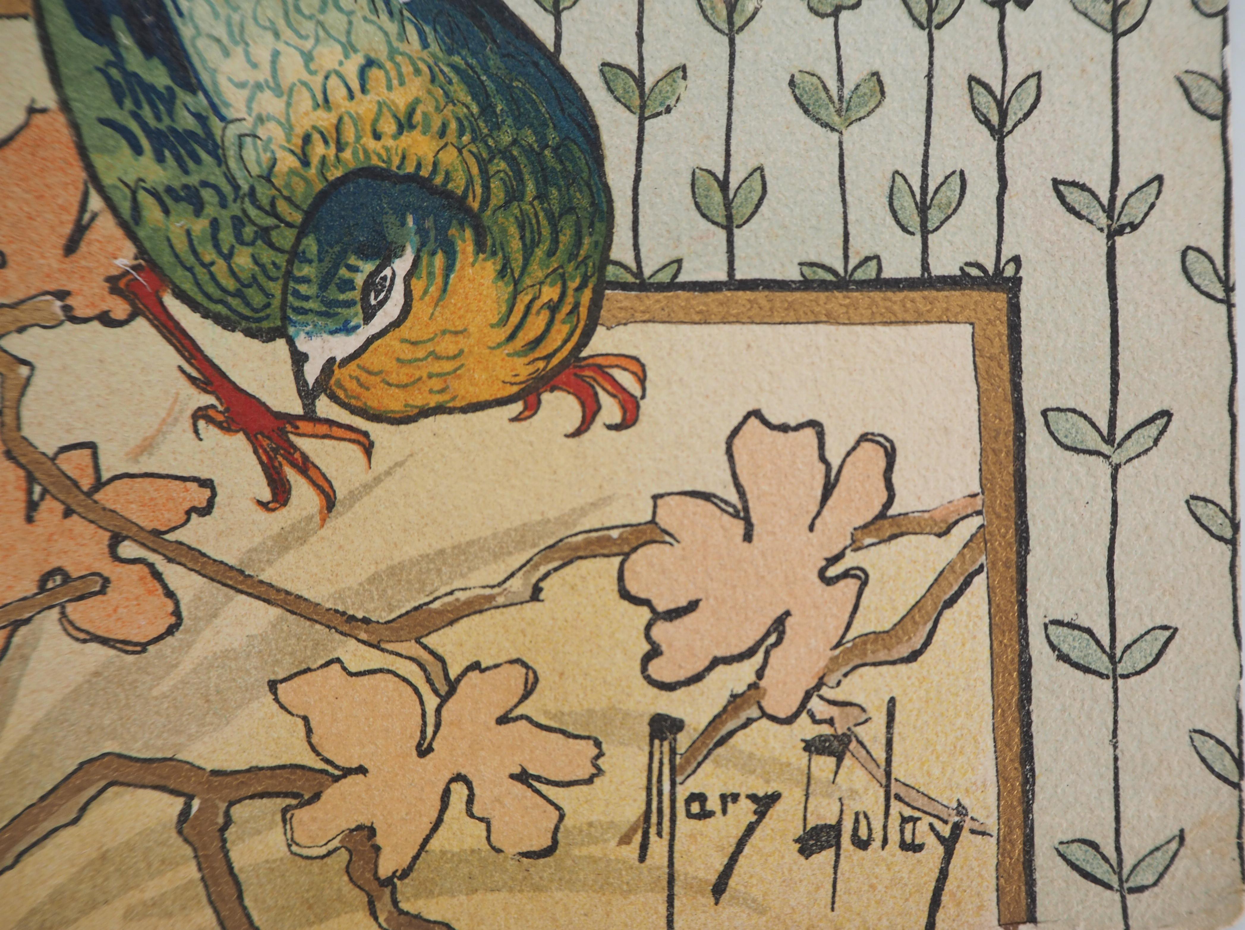 Art nouveau : Japanese Garden with Parrot and Sunset - Original lithograph - Print by Mary Golay