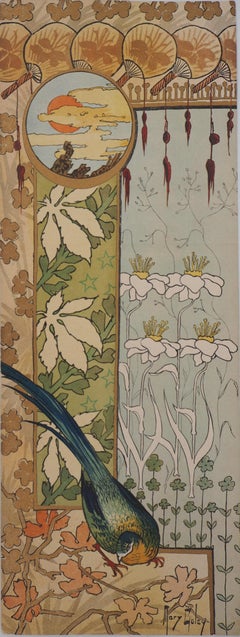 Art nouveau : Japanese Garden with Parrot and Sunset - Original lithograph