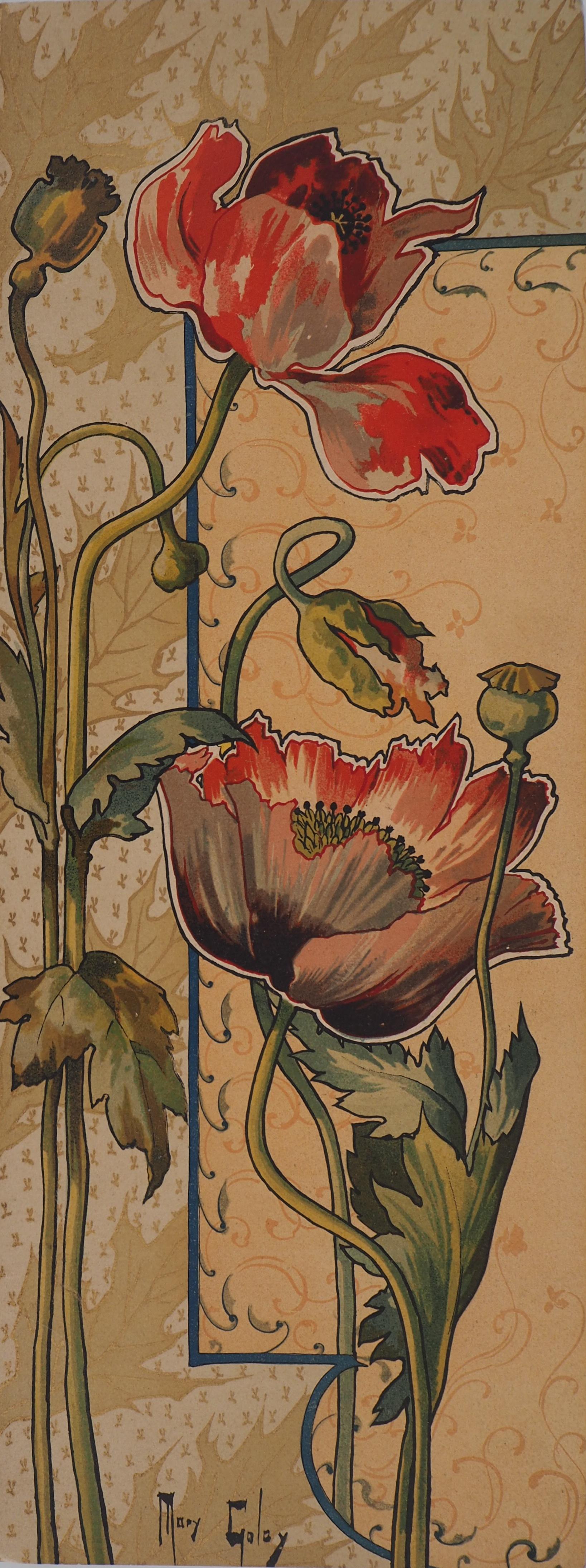 Mary Golay Landscape Print - Art nouveau Stylized Red Poppies - Original lithograph