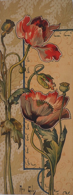 Art nouveau Stylized Red Poppies - Original lithograph