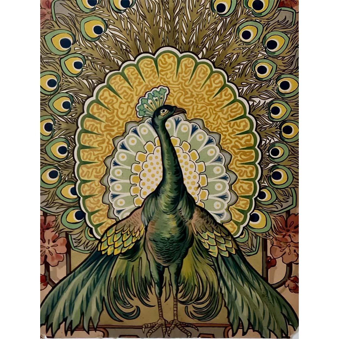 Circa 1900 original lithograph by Mary Golay titled Le Paon (The Peacock) For Sale 2