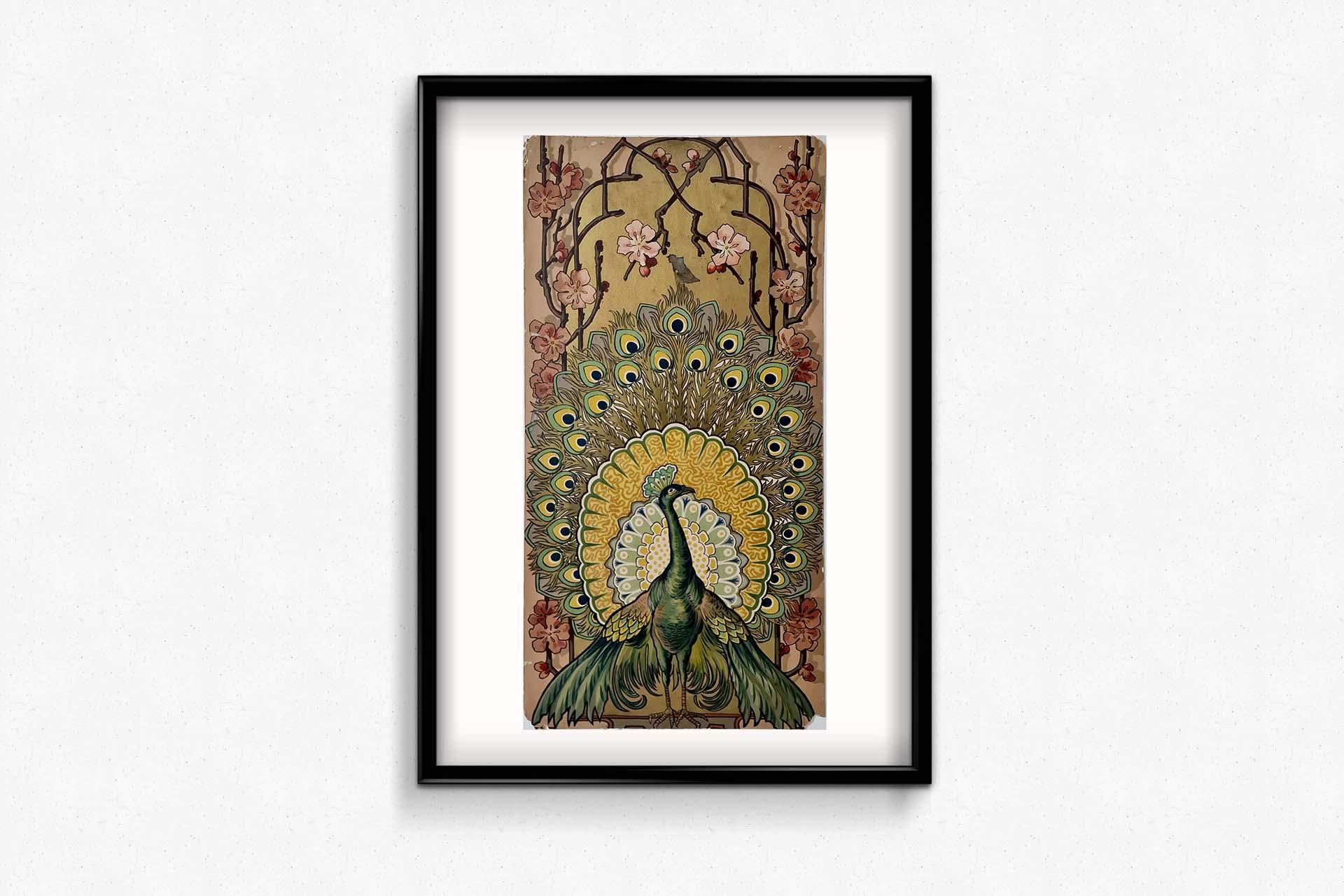 Circa 1900 original lithograph by Mary Golay titled Le Paon (The Peacock) For Sale 3