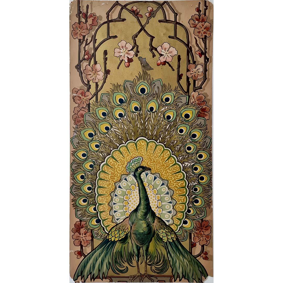 Circa 1900 original lithograph by Mary Golay titled Le Paon (The Peacock)