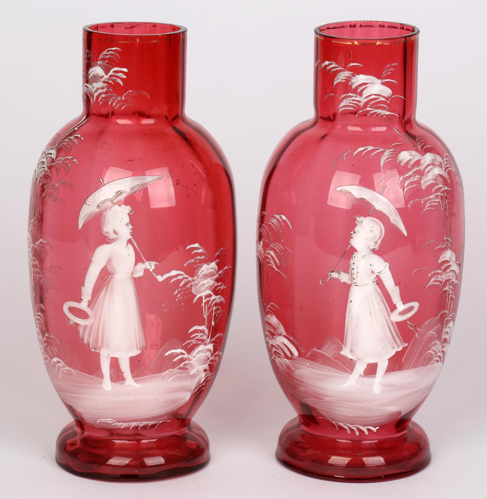 Mary Gregory Antique Pair Girl And Parasol Overlay Cranberry Glass Vases 1