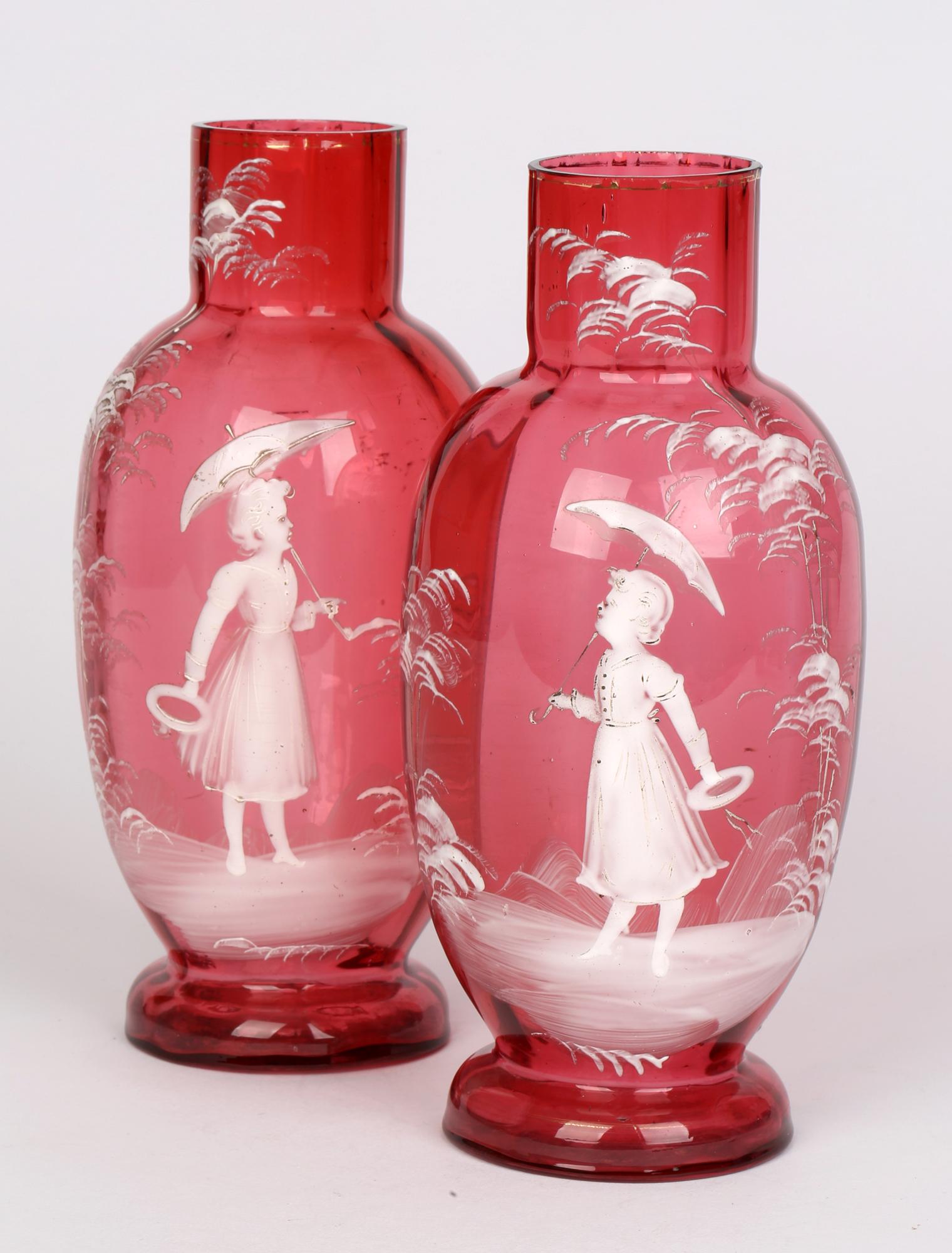 Mary Gregory Antique Pair Girl And Parasol Overlay Cranberry Glass Vases 6
