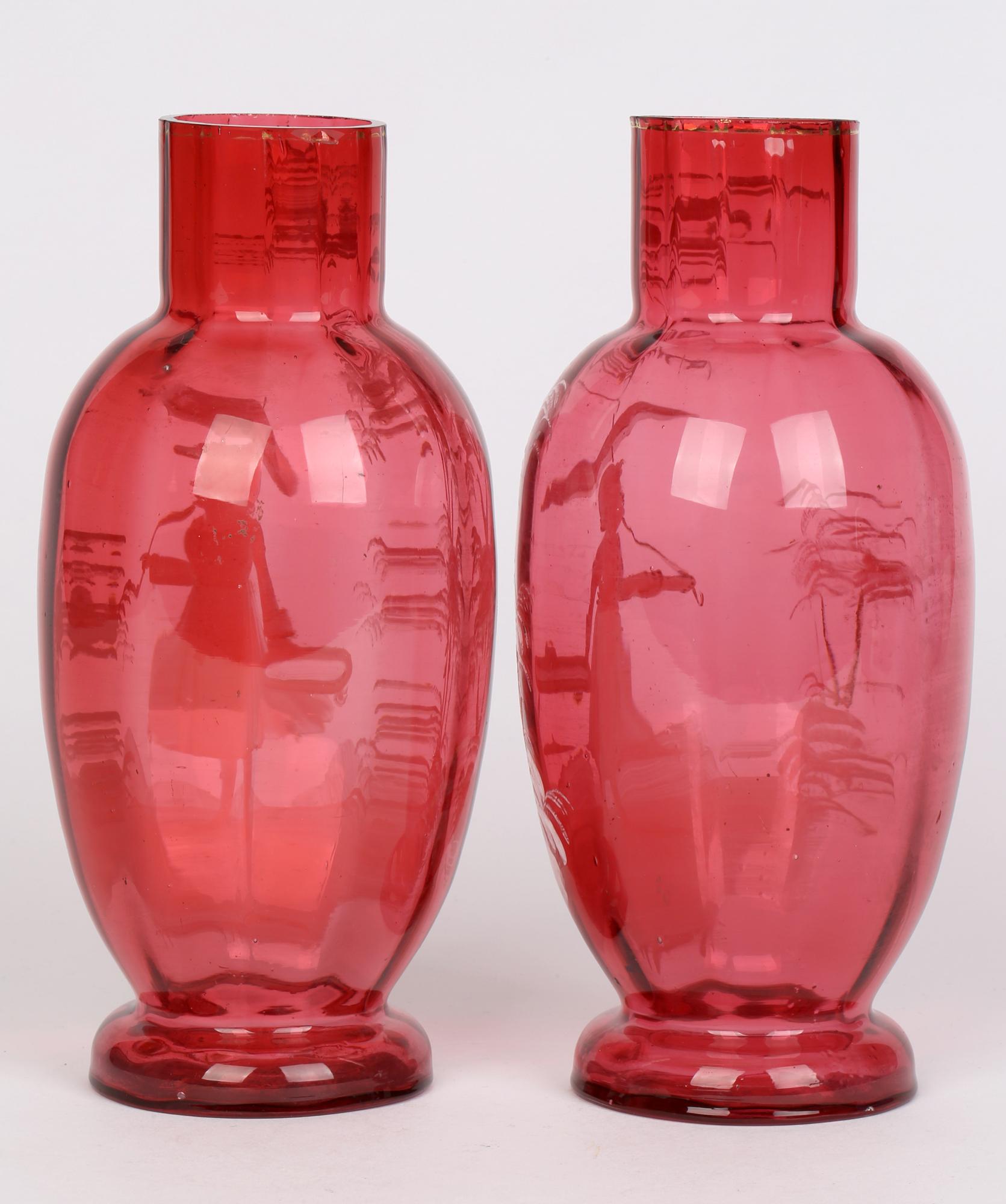Mary Gregory Antique Pair Girl And Parasol Overlay Cranberry Glass Vases 7