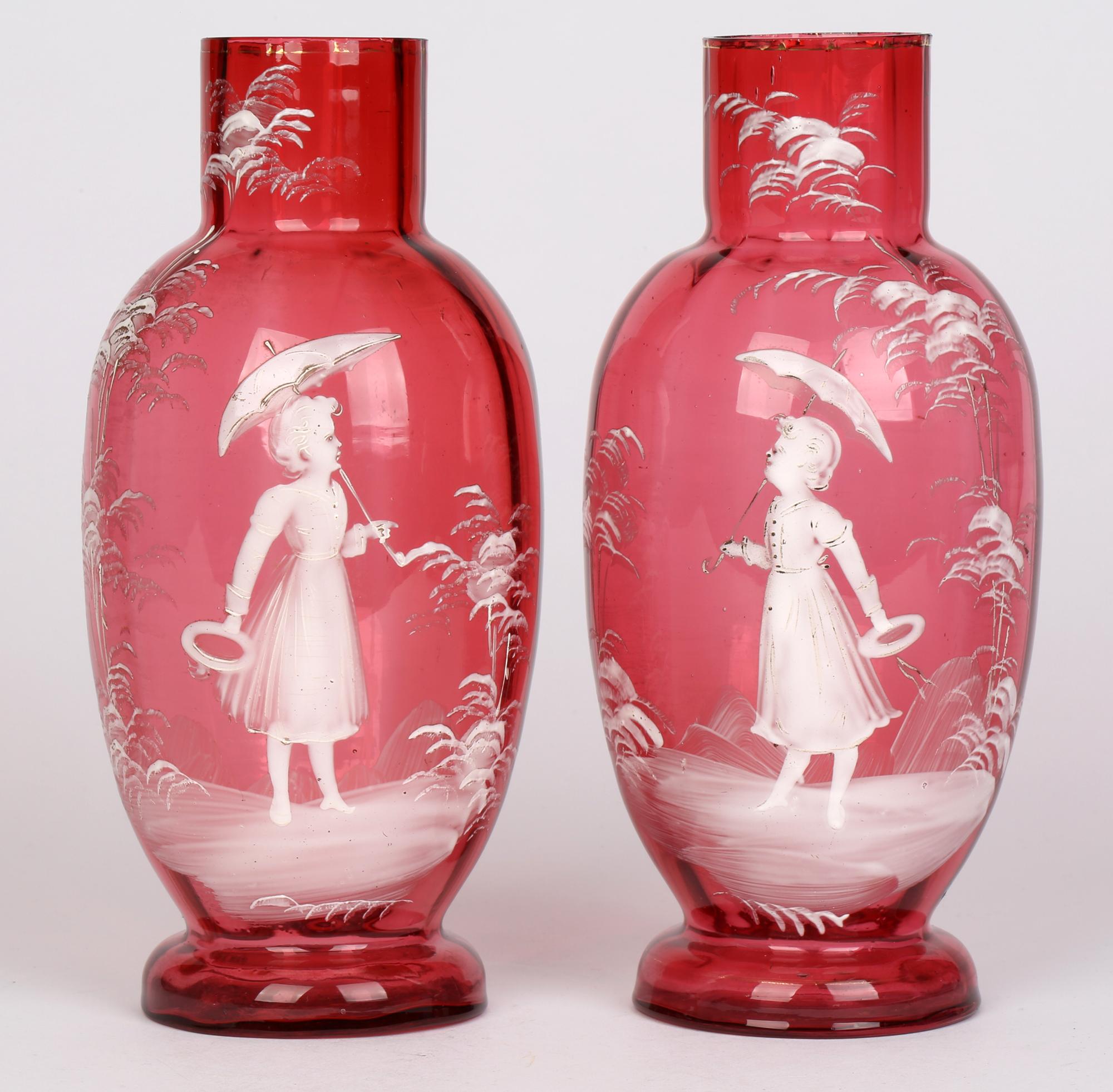 Hand-Painted Mary Gregory Antique Pair Girl And Parasol Overlay Cranberry Glass Vases