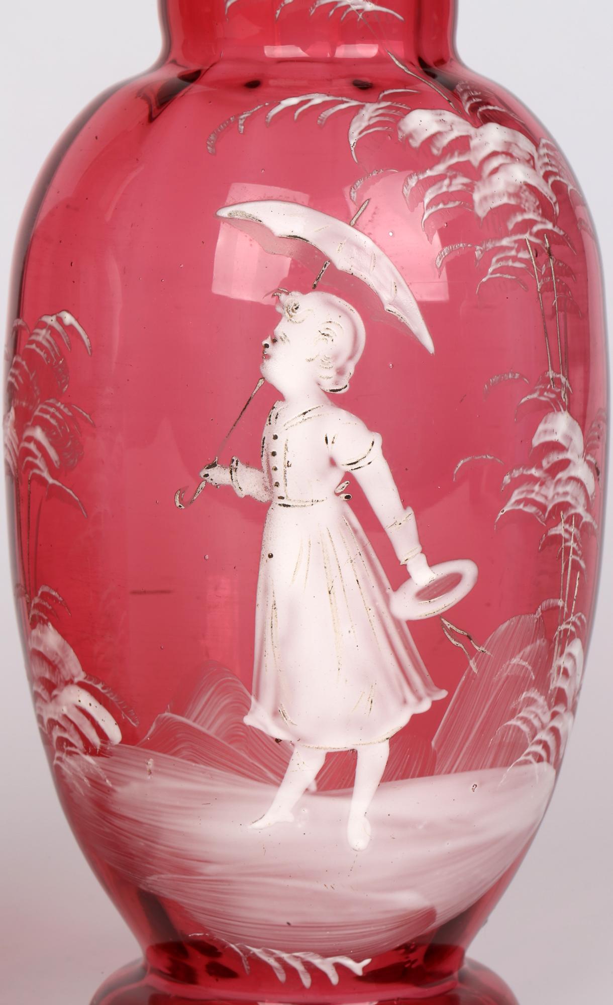 Mary Gregory Antique Pair Girl And Parasol Overlay Cranberry Glass Vases In Good Condition In Bishop's Stortford, Hertfordshire
