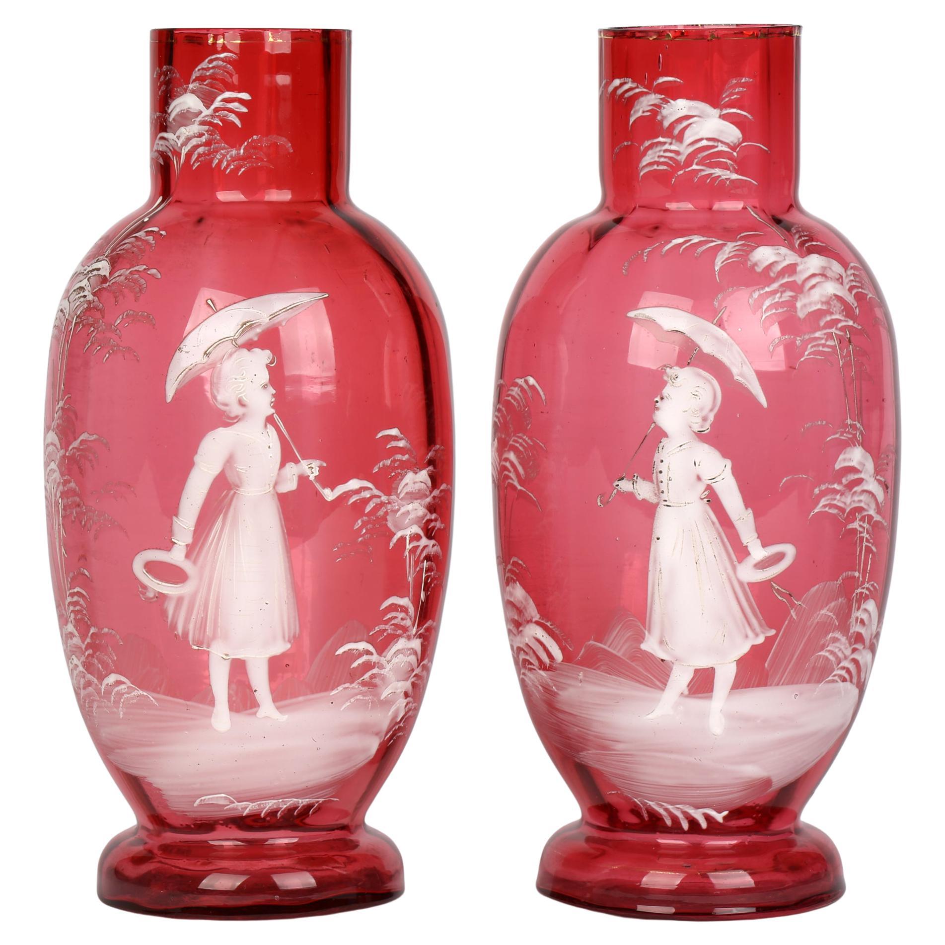 Mary Gregory Antique Pair Girl And Parasol Overlay Cranberry Glass Vases