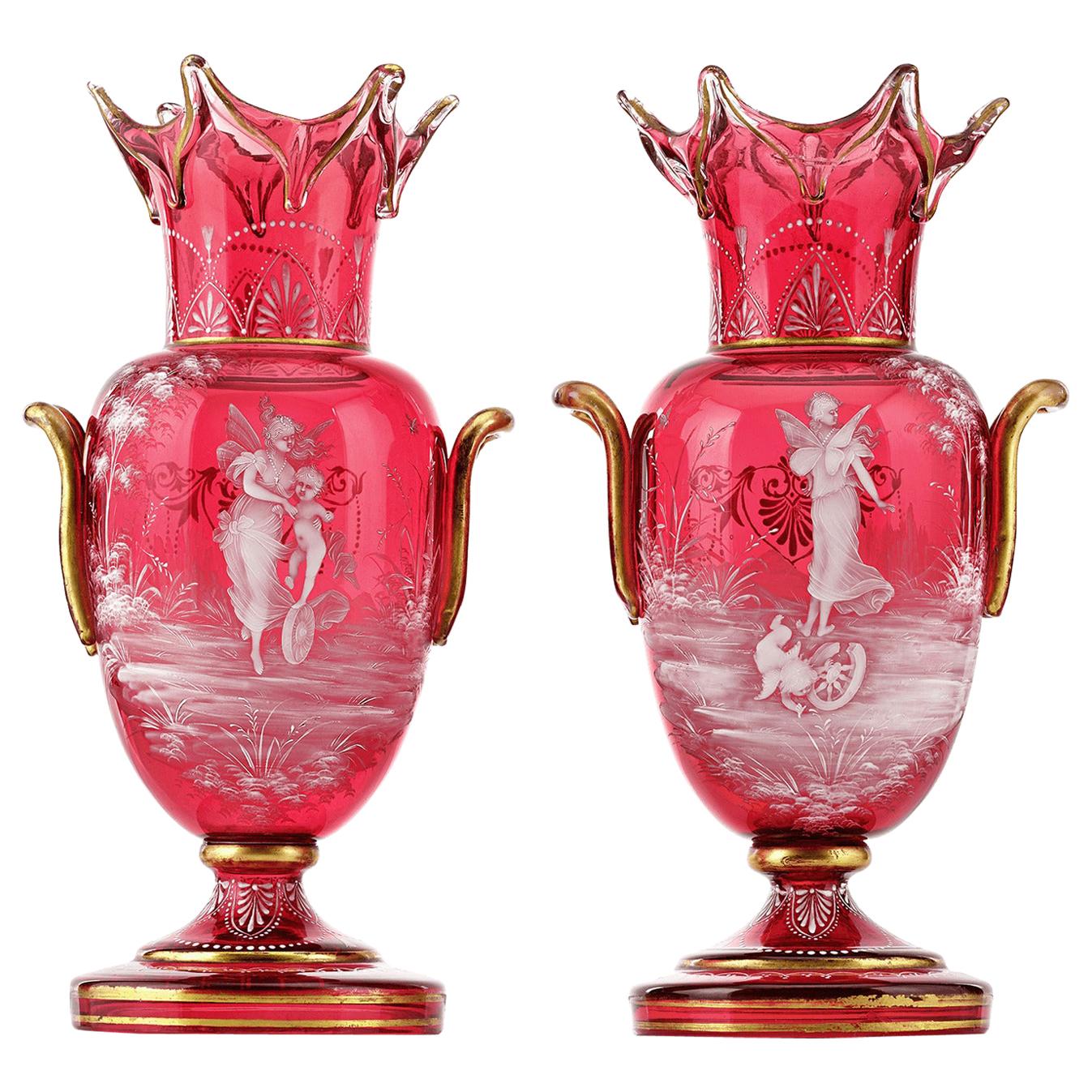 Mary Gregory Cranberry Glass Vases