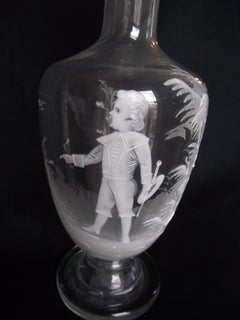 Mary Gregory Decanter with White Enamel Painting of Young Boy in Outdoor Setting