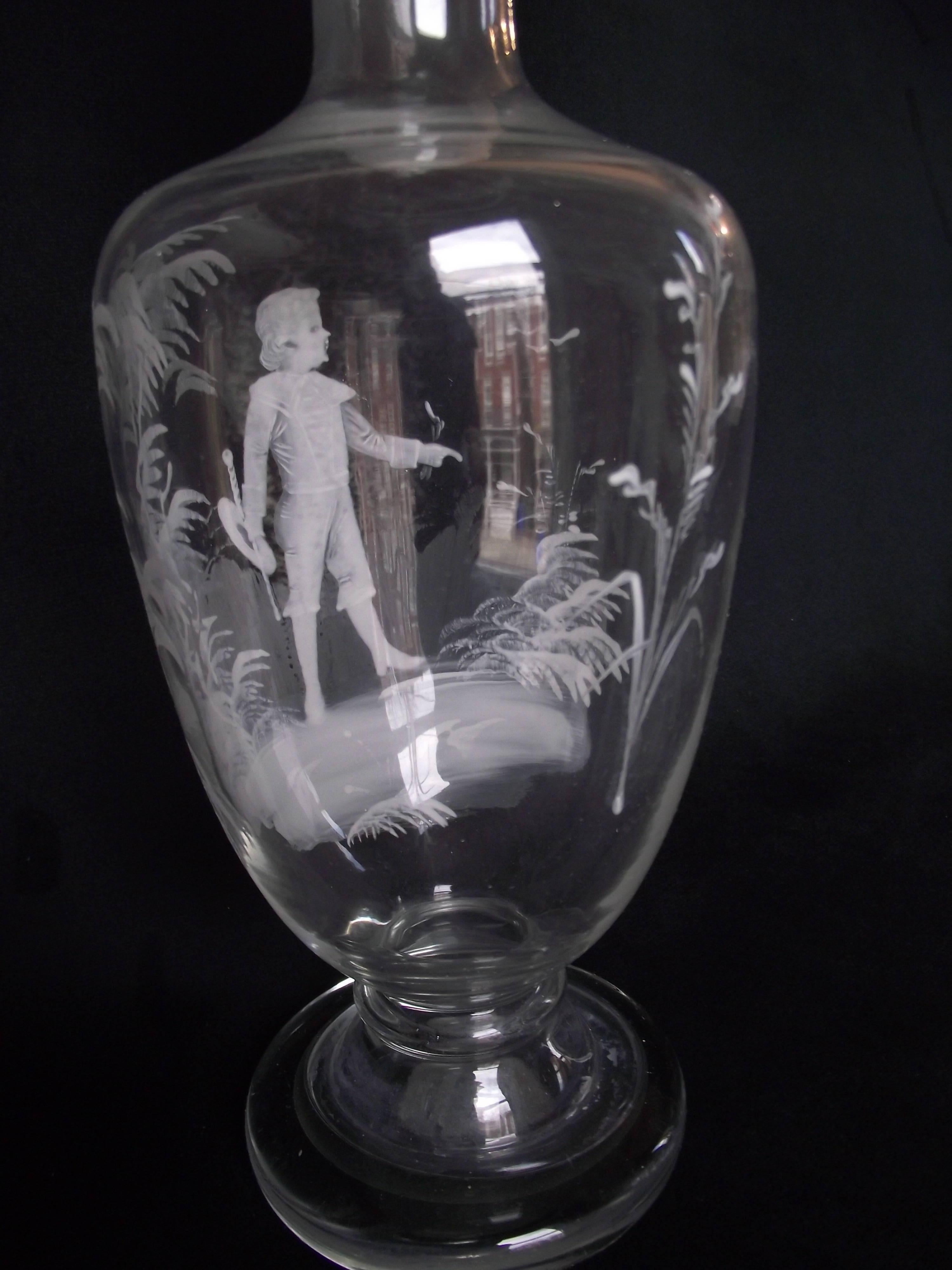American Mary Gregory Decanter with White Enamel Painting of Young Boy in Outdoor Setting For Sale