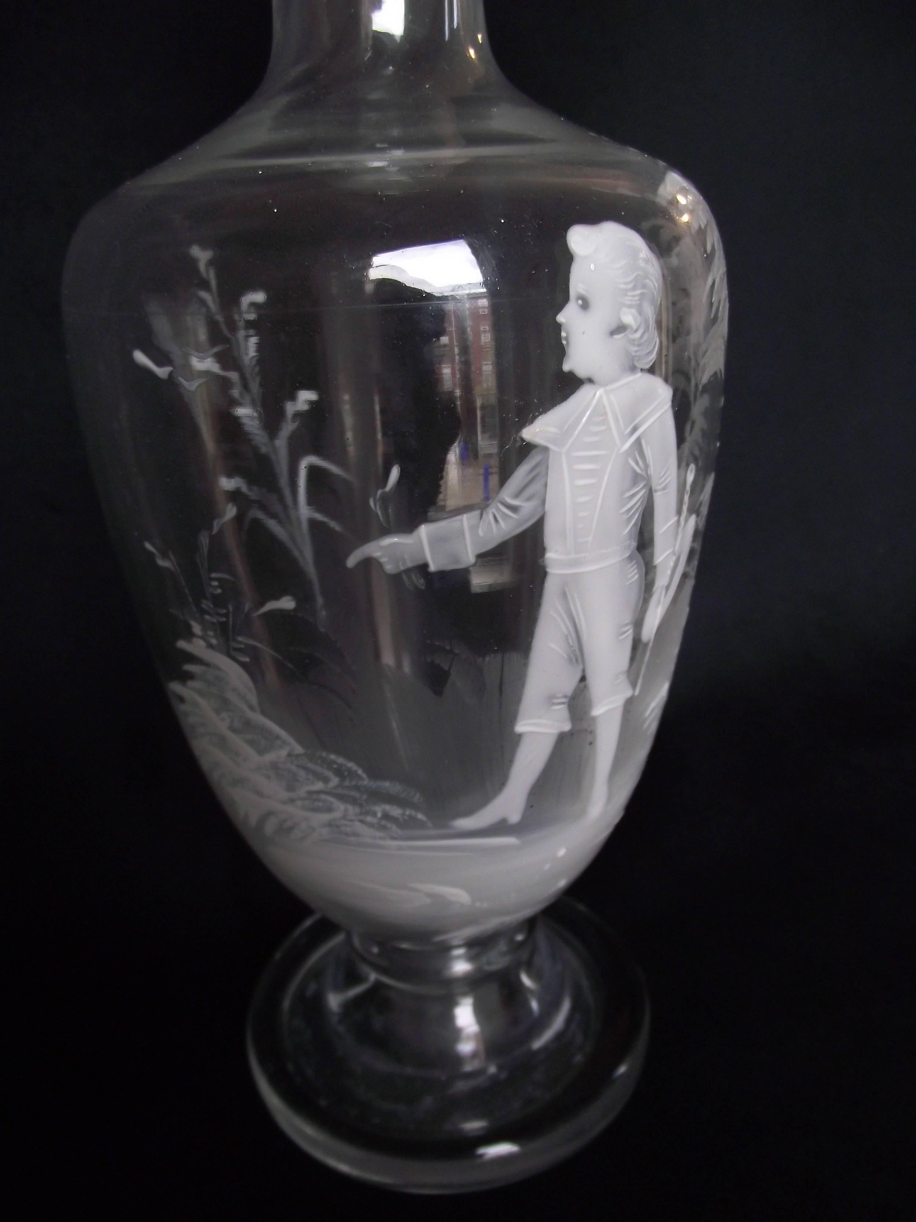 Late 19th Century Mary Gregory Decanter with White Enamel Painting of Young Boy in Outdoor Setting For Sale