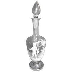 Antique Mary Gregory Decanter with White Enamel Painting of Young Boy in Outdoor Setting